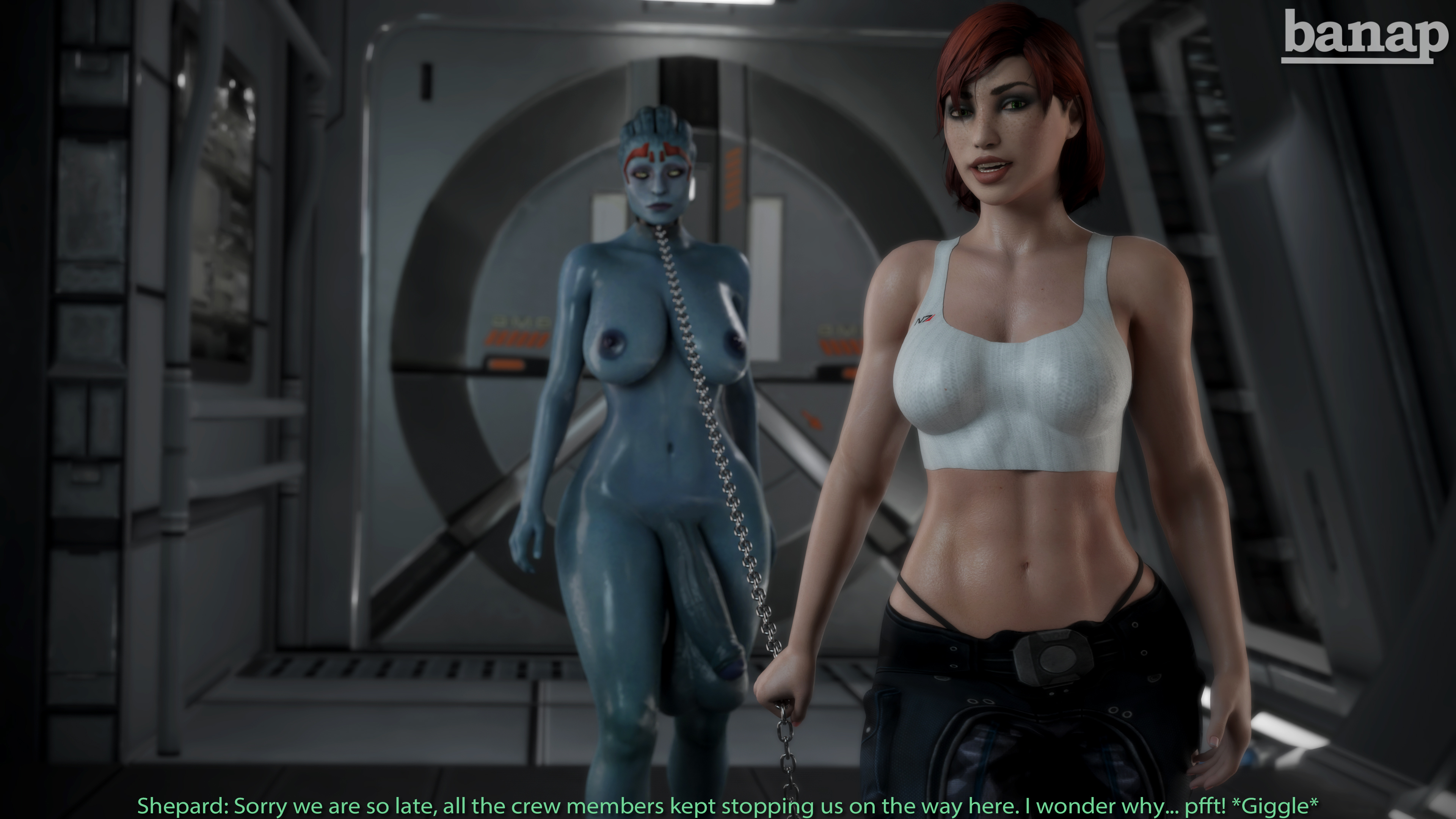 1futa, 1girls, 3d, abs, alien, asari, asari futa, balls, banap, big balls, big breasts, big penis, blender, blender (software), blue skin, breasts, chained, collar, comic, comic page, commander shepard, dialogue, english, english dialogue, english text, female, femshep, futanari, huge balls, huge cock, intersex, leash, mass effect, no nut november, nude, nude futa, penis, red hair, sagging balls, samara, self upload, tagme, text, thong