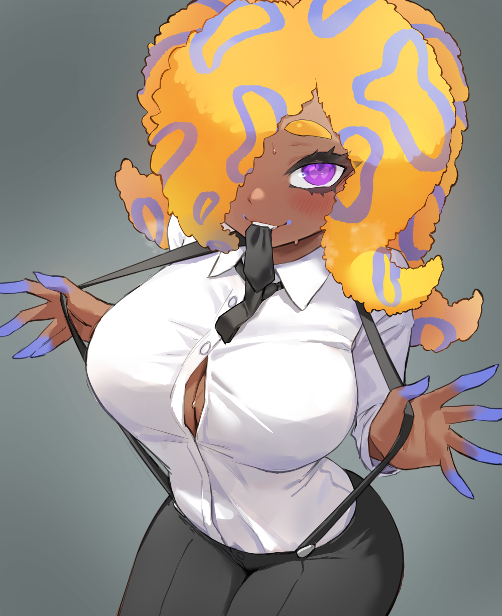 1girls big_breasts blue-ringed_octopus breasts dark-skinned_female dark_skin female fuzzy_octoling hair_over_one_eye huge_breasts jtveemo long_hair naughty_face nintendo octoling octoling_girl smile splatoon splatoon_3 tao_blu_(splatoon) tentacle_hair thick_thighs thighs trombone_girl_(splatoon) wide_hips