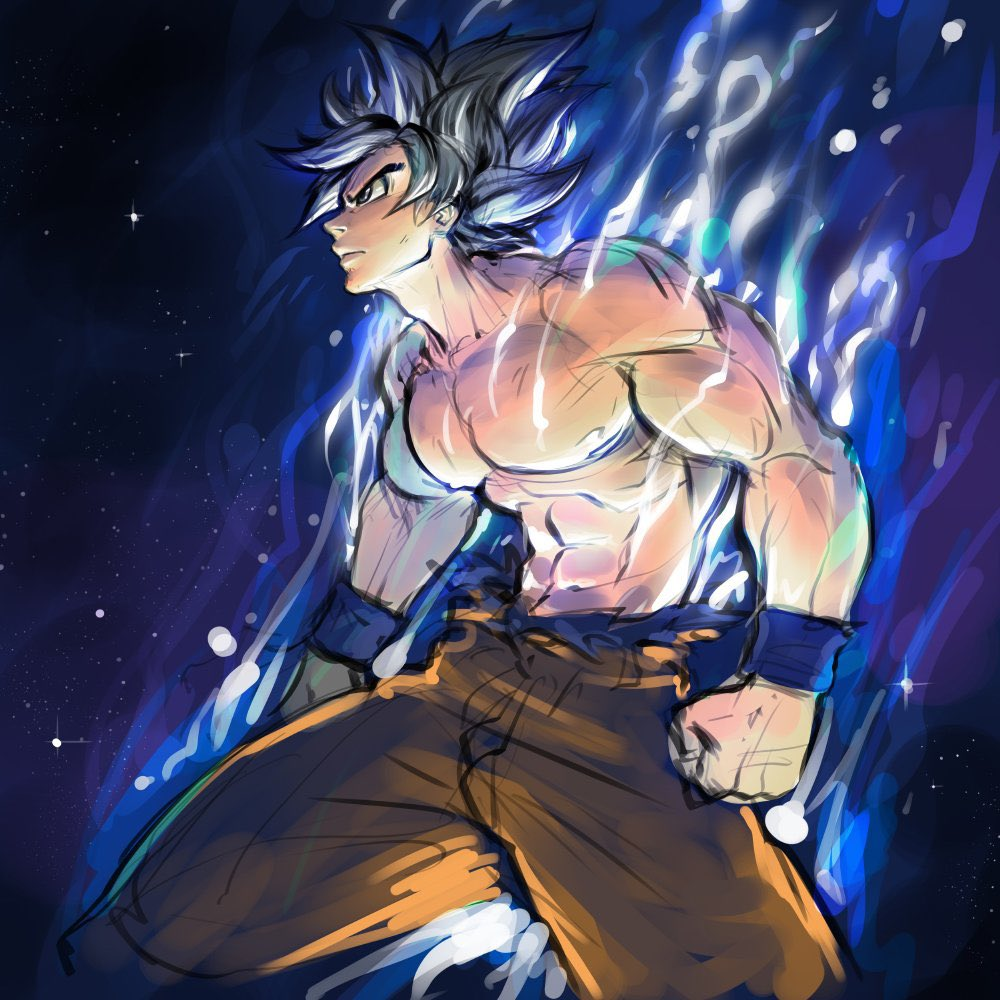 color colored dragon_ball dragon_ball_super fit_male goes_hard grey_hair louten male muscular muscular_male pecs pectorals shirtless sketch son_goku space ultra_instinct