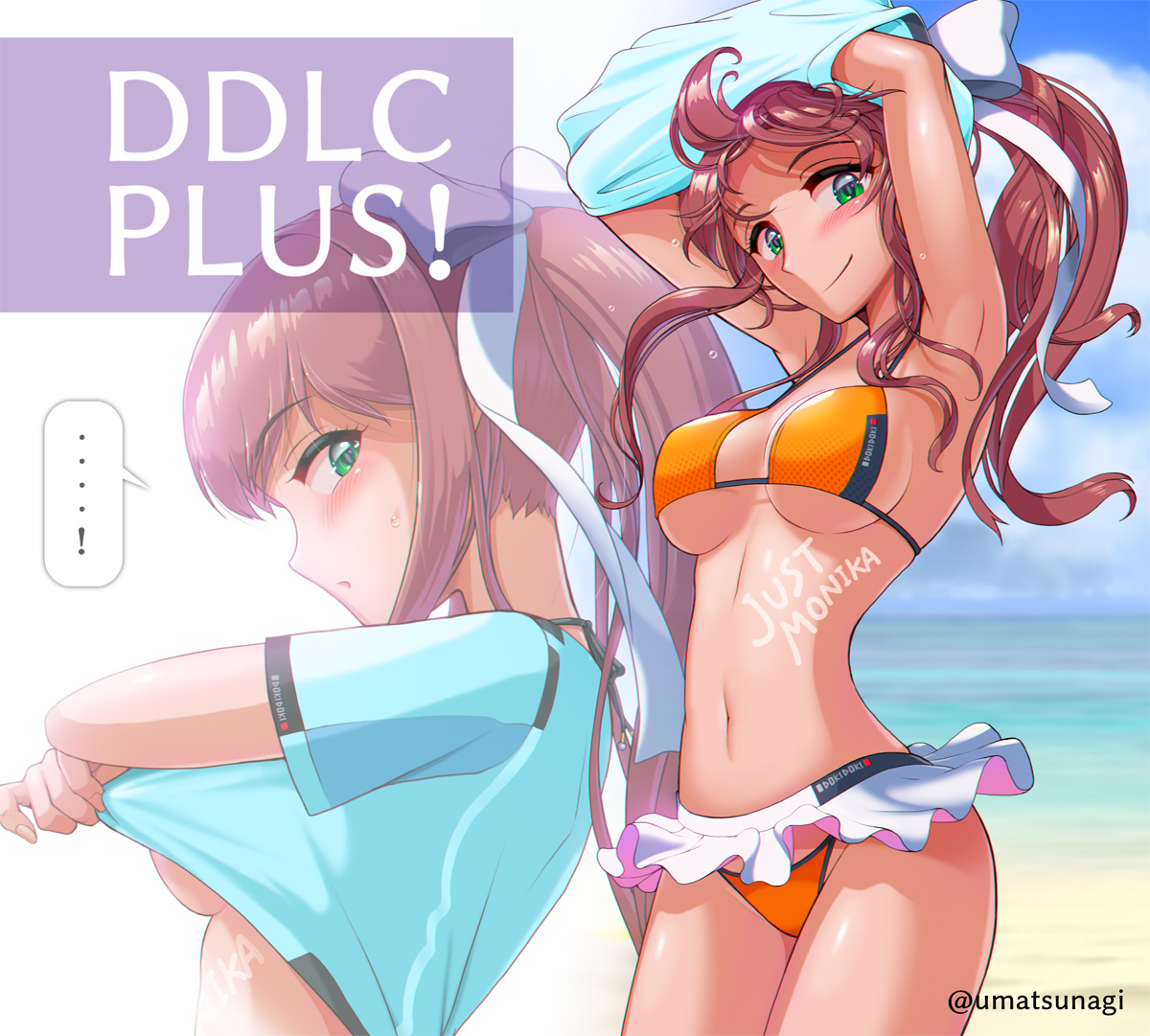 1girls, bikini, bikini bottom, bikini skirt, bikini top, blush, breasts, doki doki literature club, english text, female, female only, green eyes, long hair, monika (doki doki literature club), navel, smile, text, twitter username, umatsunagi, white bow