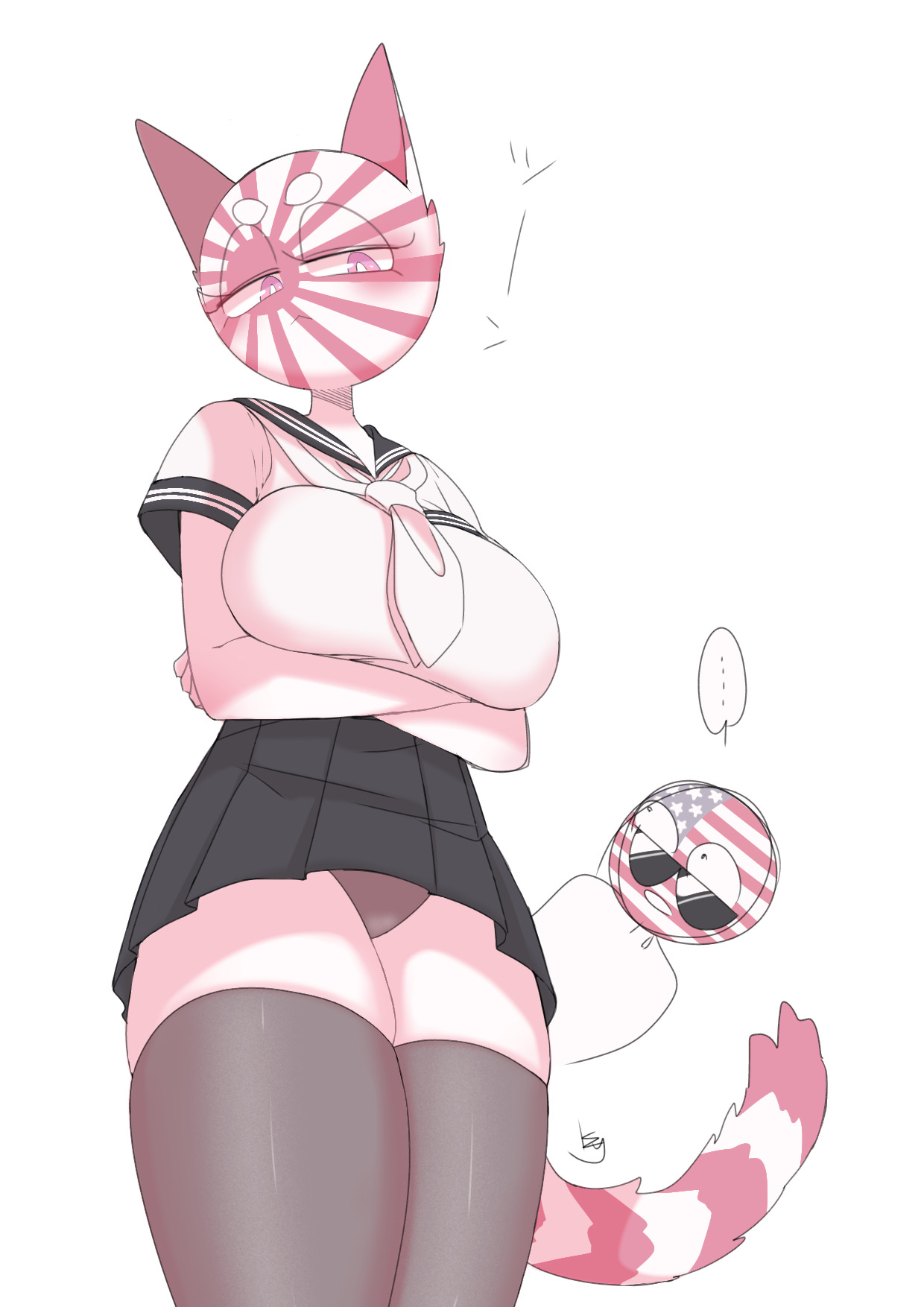 ..., 1boy, 1girls, animal ears, animal tail, big breasts, blush, breasts, cat ears, cat tail, clothing, countryhumans, countryhumans girl, duo, female, japanese empire (countryhumans), japanese text, kuzuyu (artist), legwear, male, partners, school uniform, simple background, sunglasses, text, underwear, united states of america (countryhumans), white background