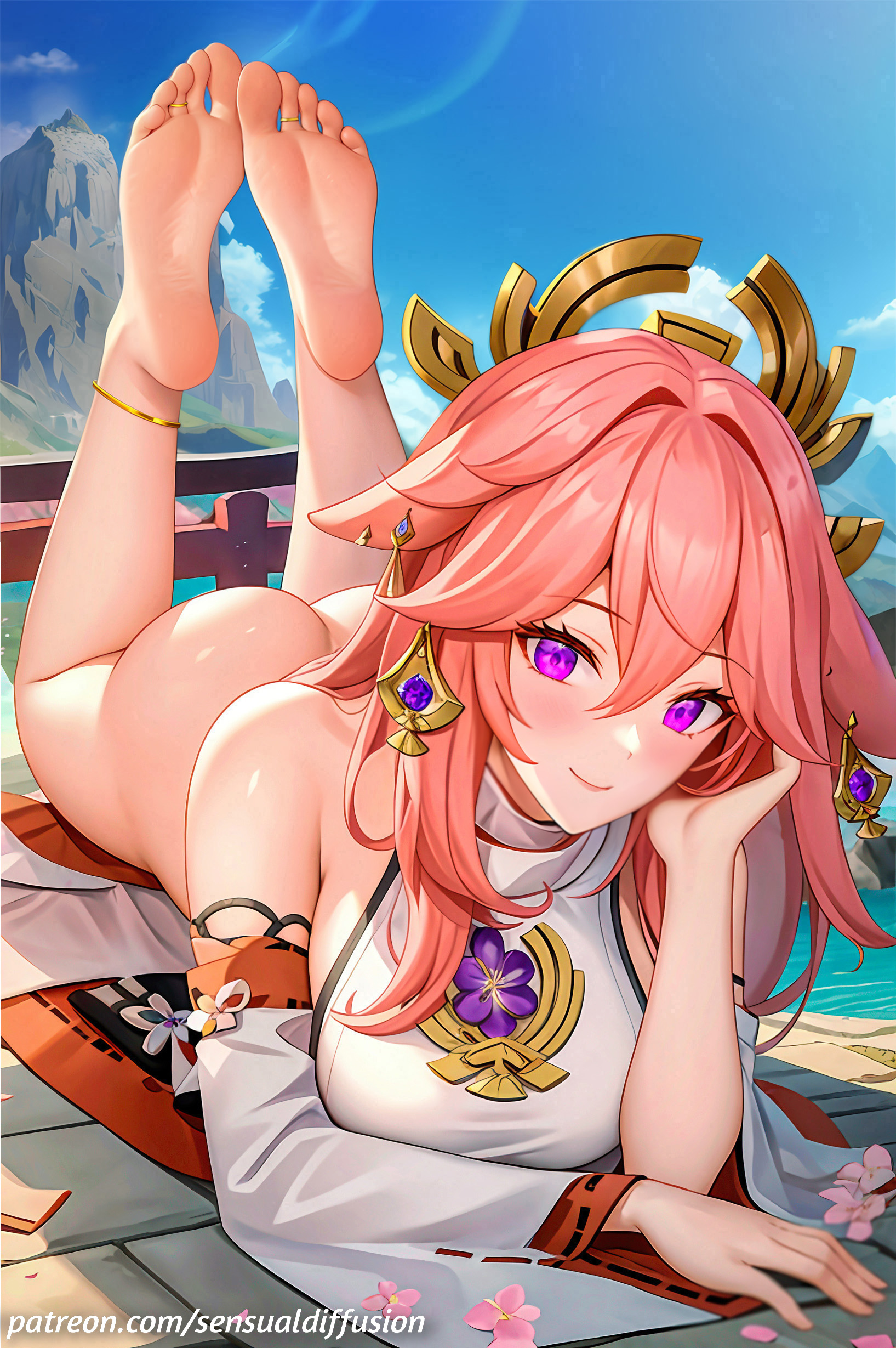 1girls, ai generated, anklet, ass, barefoot, breasts, feet, female, foot fetish, genshin impact, large breasts, on stomach, pink hair, purple eyes, sensualdiffusion, smile, soles, solo, the pose, toe ring, yae miko