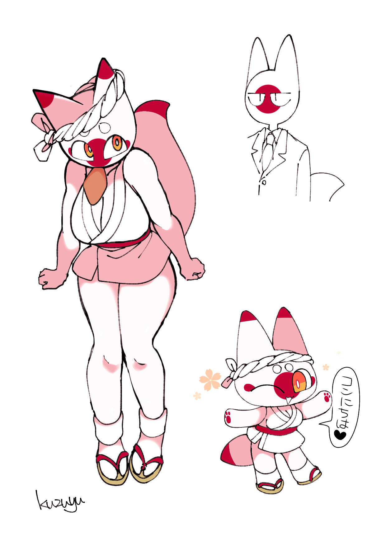 1girls, big breasts, breasts, cat ears, chibi, clothing, countryhumans, countryhumans girl, female, fox ears, fox tail, heart, japan (countryhumans), japanese text, kuzuyu (artist), orange eyes, simple background, text, translated, white background