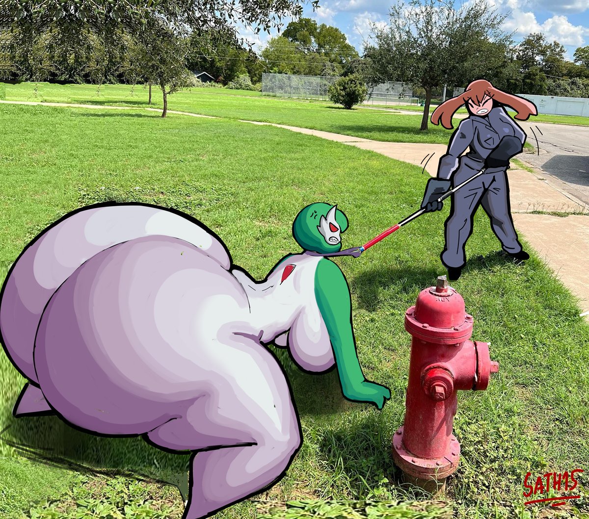 all fours, angry, anthro, ass, big ass, big breasts, big butt, bottom heavy, breasts, closed eyes, cloud, cross-popping vein, day, dominant, dominant human, duo, english text, enormous ass, enormous butt, female, fire hydrant, gardevoir, generation 3 pokemon, gigantic ass, gigantic butt, grass, green body, green hair, green skin, hair, hanging breasts, huge ass, huge breasts, huge butt, human, humanoid, humor, hyper, hyper ass, hyper butt, larger anthro, larger female, leash, leash pull, looking at another, mammal, may (pokemon), nintendo, nude, outside, petplay, photo background, photography (artwork), plant, pokemon, pokemon (species), rear view, red sclera, roleplay, sath15, size difference, sky, smaller human, text, thick thighs, tree, white body, white skin