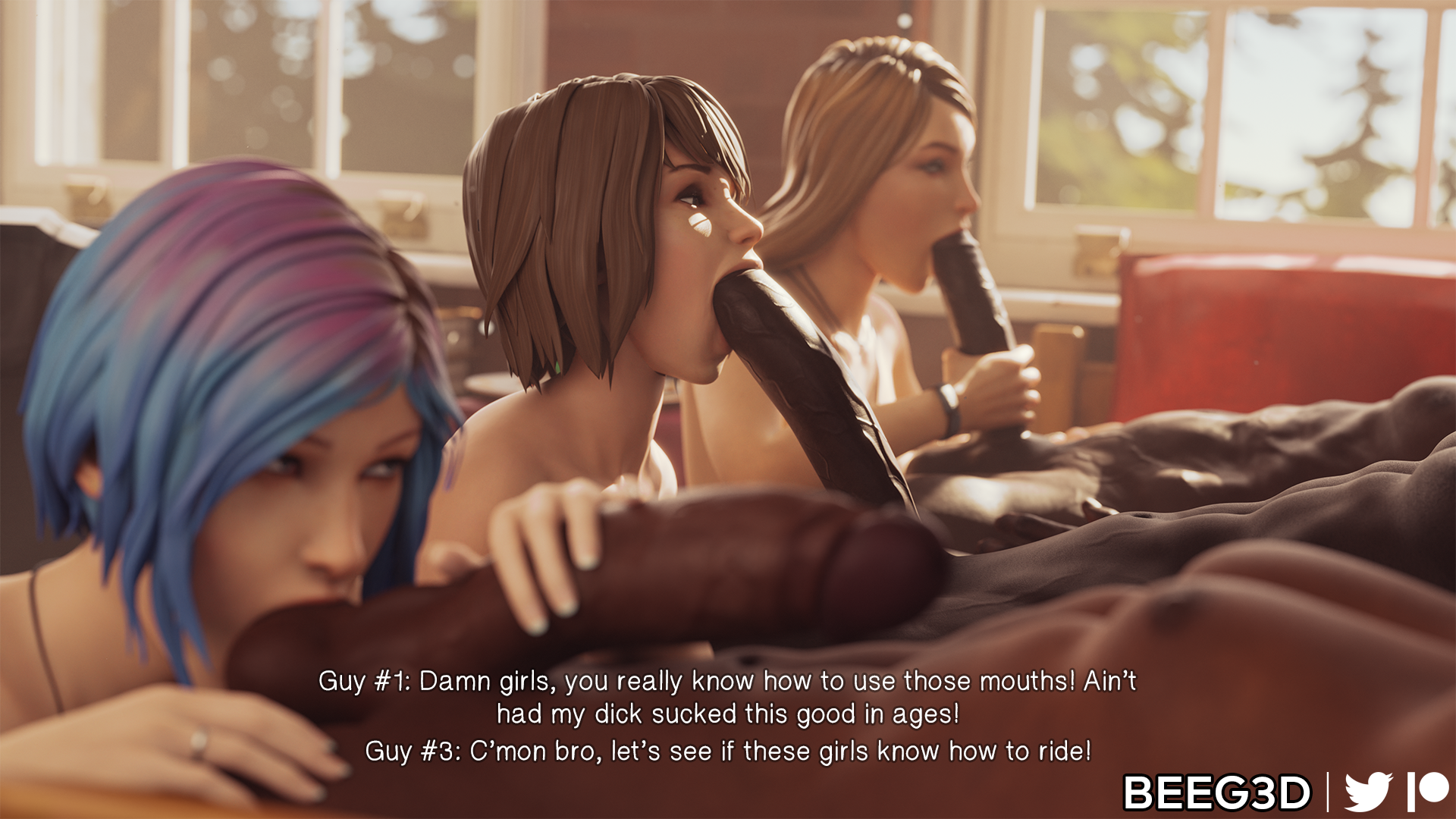 3d, 3girls, ass, balls, balls sucking, beeg3d, blowjob, blue hair, bob cut, breasts, brown hair, chloe price, clothed, dark skin, dark-skinned male, english text, eye contact, female, group, group sex, handjob, huge cock, interracial, life is strange, light skin, light-skinned female, male, max caulfield, naked, naked female, necklace, nude, nude female, orgy, penis, rachel amber, tattoo, text
