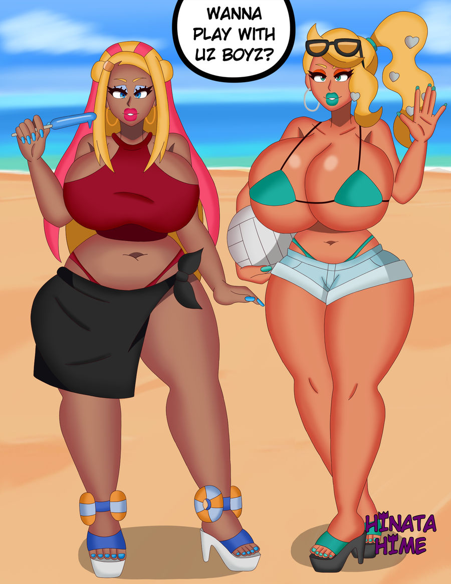 2girls, alternate breast size, ass, bikini top, bimbo, bimbo lips, blonde hair, breasts, dark skin, dark-skinned female, earrings, english text, eyewear on head, female, female only, green eyes, gyaru, high heels, hinata-hime, huge ass, huge breasts, human, light skin, light-skinned female, midriff, multicolored hair, multiple females, multiple girls, navel, nessa (pokemon), pokemon, pokemon ss, sonia (pokemon), sunglasses on head, tan, text, thick thighs, wide hips