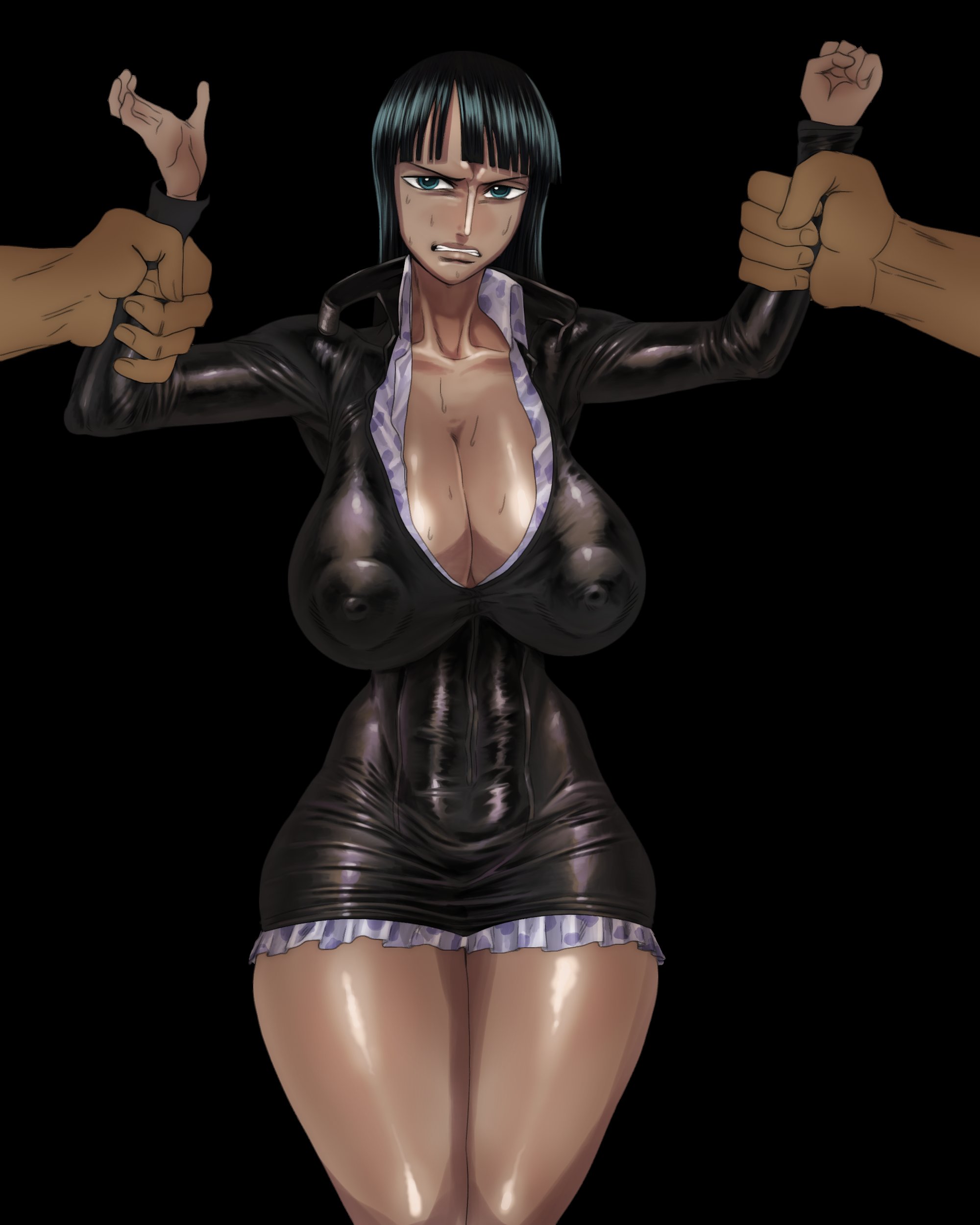 1girls, abs, arms restrained, arms up, bangs, big breasts, black background, black hair, breasts, breasts bigger than head, curvy, curvy female, dark skin, dark-skinned female, erect nipples, female, green eyes, holding arm, holding arms, hourglass figure, jombleywombley, leather, leather clothing, leather jacket, leather minidress, male, massive breasts, nico robin, nipple bulge, nipples, nipples visible through clothing, one piece, partial male, pre-timeskip, restrained, restrained arms, sagging breasts, sweat, sweating, sweaty breasts, tagme, thejombler, thick legs, thick thighs, voluptuous, voluptuous female, water 7, worried, worried expression