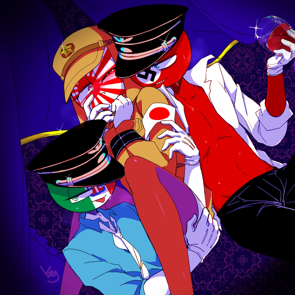 1girls, 2boys, clothing, countryhumans, countryhumans girl, fascist italy (countryhumans), female, grabbing legs, japanese empire (countryhumans), kuzuyu (artist), legwear, male, military uniform, nazi germany (countryhumans), red body, red skin, uniform, wine