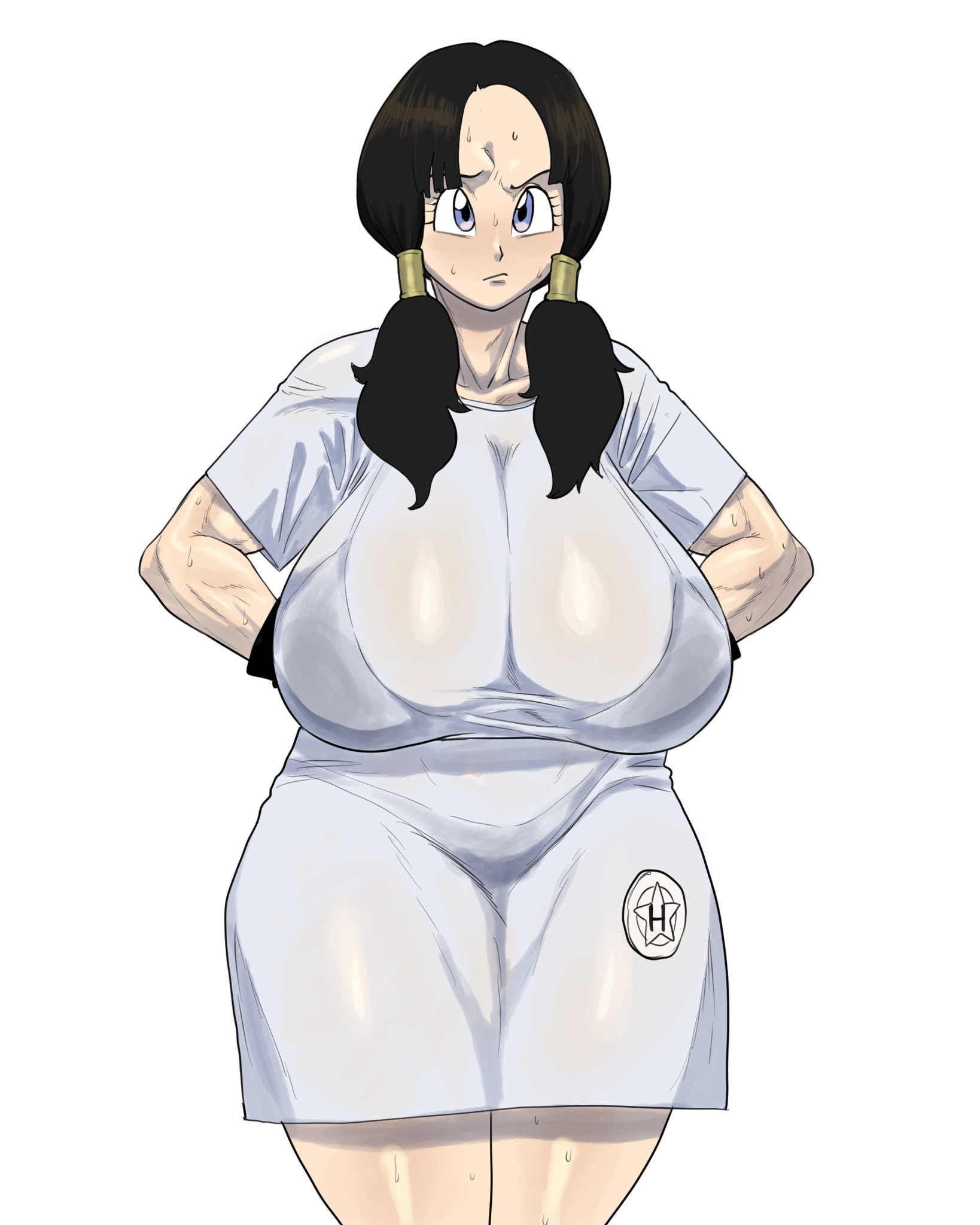 1girls, big breasts, black bra, black hair, bra, breasts, breasts bigger than head, cleavage, curvy, curvy female, curvy figure, dragon ball, female, hanging breasts, huge breasts, jombleywombley, massive breasts, nipples, nipples visible through clothing, sagging breasts, see-through, see-through clothing, solo, sweat, sweaty, sweaty body, sweaty thighs, t-shirt, tagme, thejombler, thong, twintails, videl, voluptuous, voluptuous female, wet, wet clothes, white background, white t-shirt, wide hips