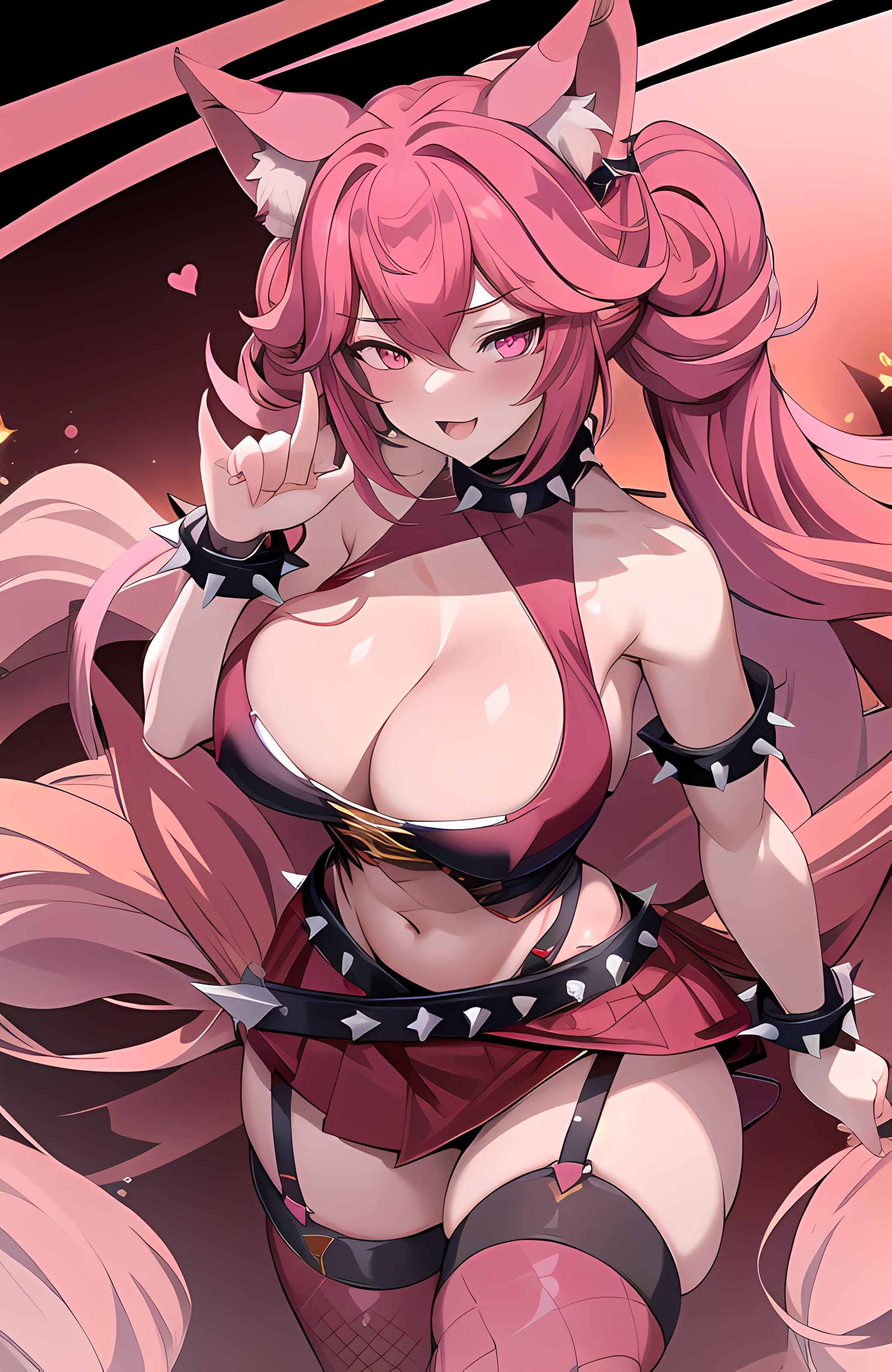 ai generated, animal ears, belt, big breasts, breasts, cleavage, female, garter straps, hi res, hourglass figure, indie virtual youtuber, light skin, light-skinned female, lunaria ayaren, pink hair, skirt, solo, spiked bracelet, thick thighs, thin waist, twintails, virtual youtuber, wide hips, youtube hispanic