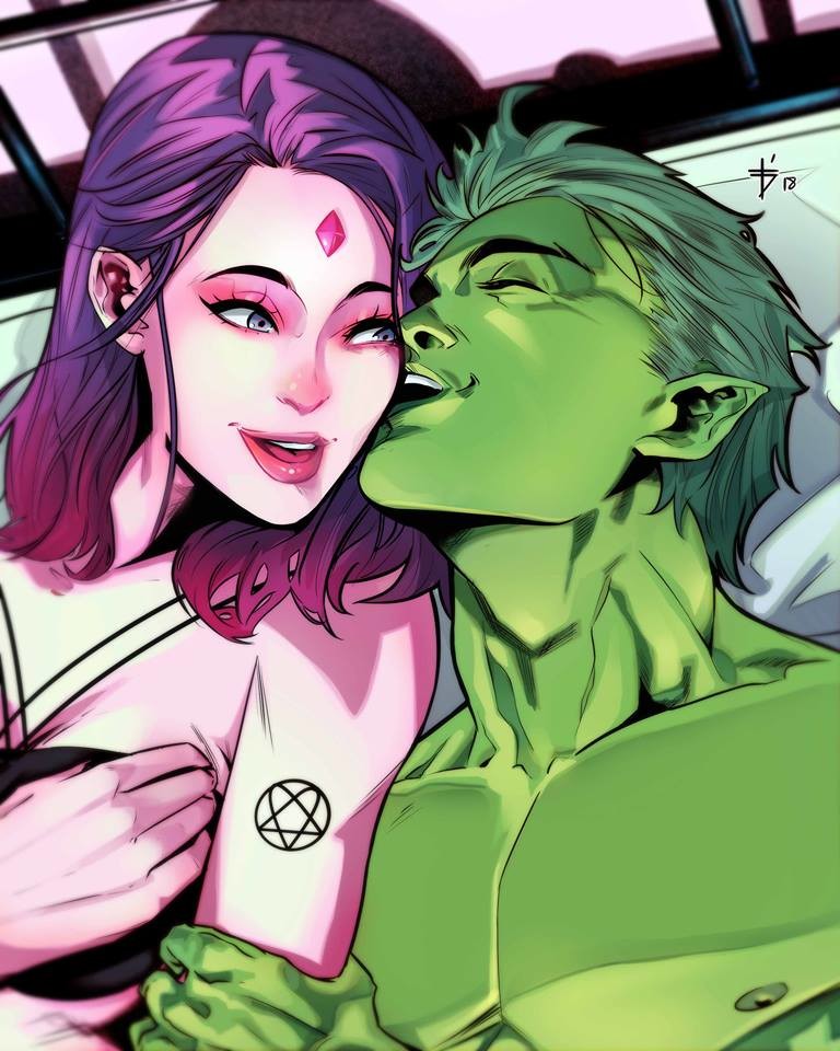 1boy 1boy1girl 1girls aged_up beast_boy dc dc_comics female forehead_jewel garfield_logan green_hair green_skin kiss_on_cheek male male/female muscular muscular_male olifuxart open_mouth parted_lips purple_hair rachel_roth raven_(dc) romantic shirtless straight teen_titans wholesome