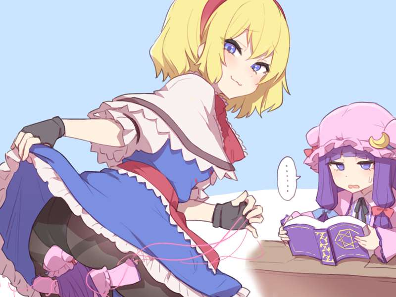 ... 13o 2girls alice_margatroid blonde_hair doll female female_only held_up patchouli_knowledge pleasuring_self shanghai_doll smug stockings strings sweat touhou unamused