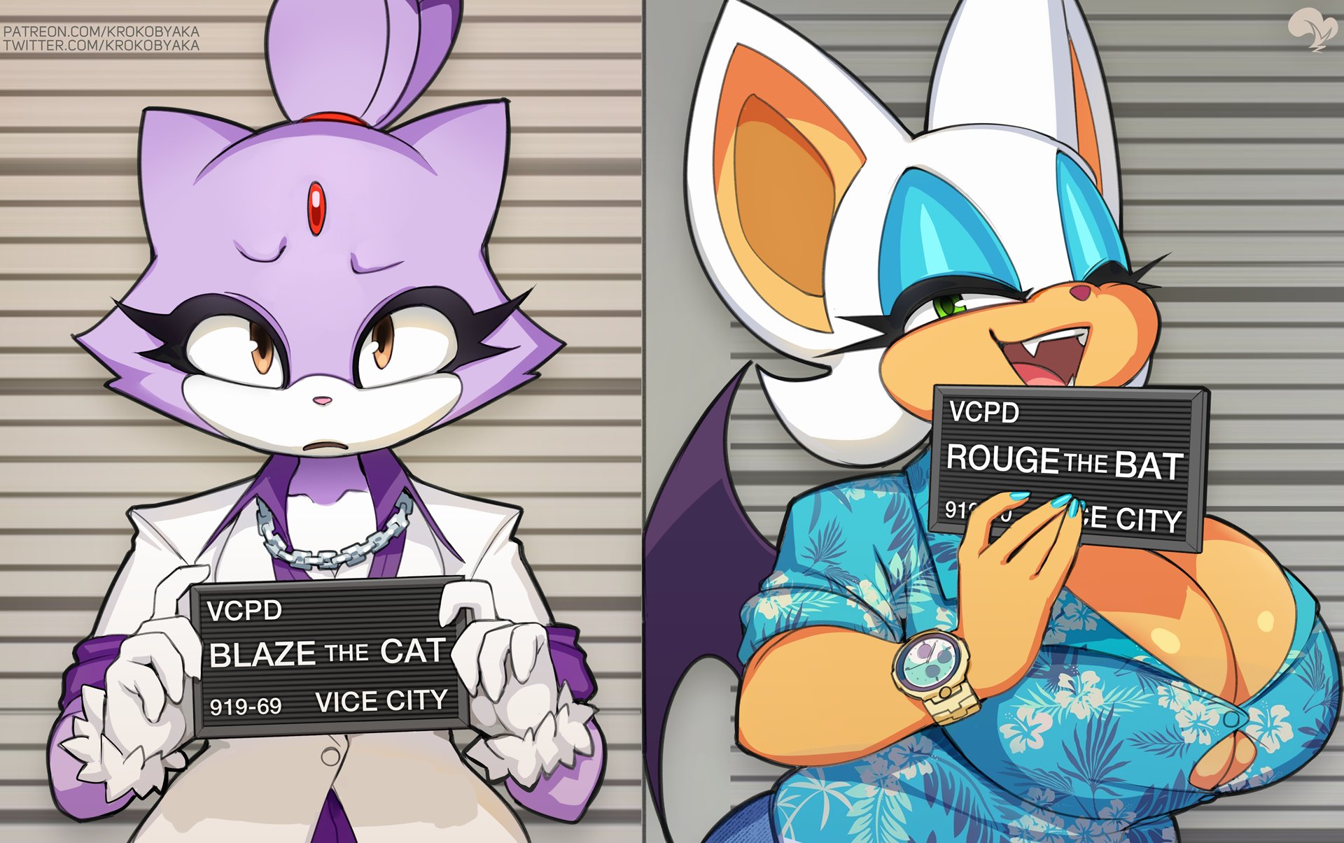 2023, 2girls, anthro, barbie and ken mugshot (meme), bat, bat girl, bat wings, big breasts, blaze the cat, blue eyeshadow, breasts, cleavage, clothed, clothing, feline, female, female focus, female only, furry, grand theft auto, green eyes, hi res, krokobyaka, meme, mugshot, one eye closed, orange eyes, purple fur, rockstar games, rouge the bat, sega, sonic (series), sonic the hedgehog (series), wings