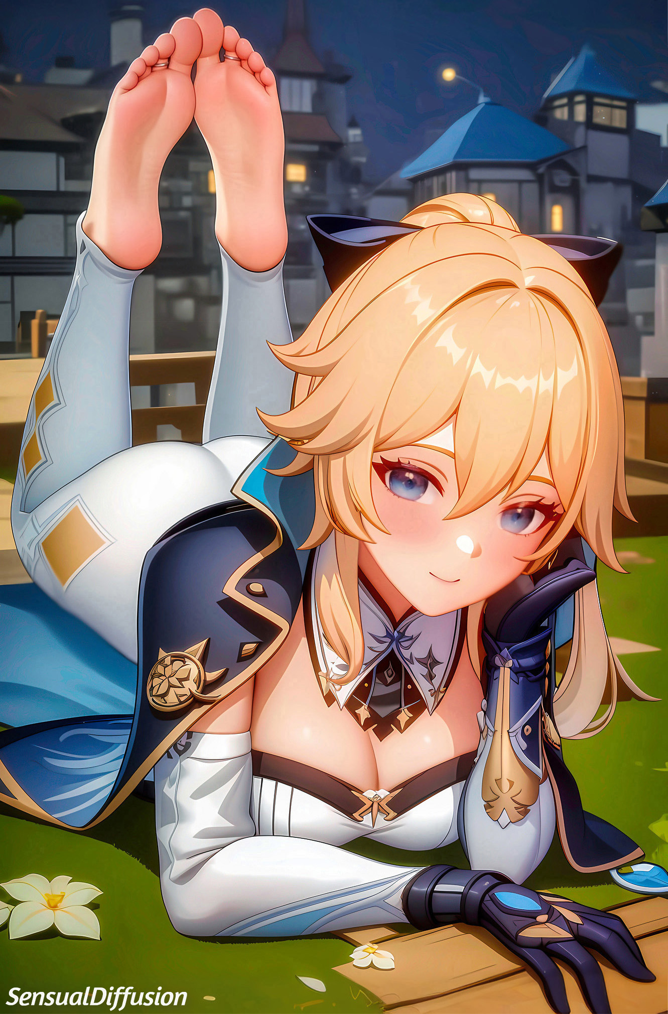 ai generated, blonde hair, cape, feet, female, foot fetish, genshin impact, hair ribbon, jean gunnhildr, looking at viewer, sensualdiffusion, short hair, soles, toe ring