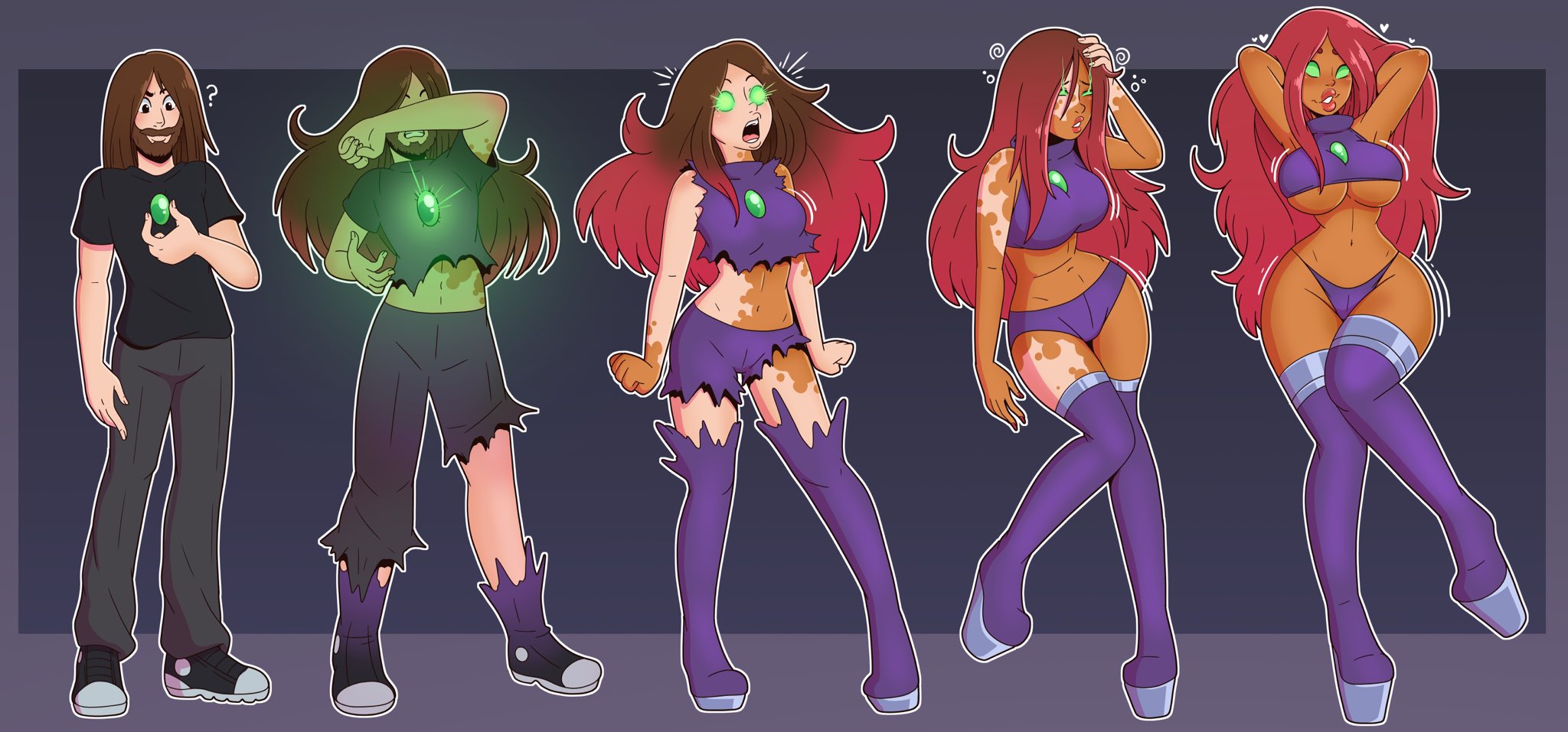 1boy, 1girls, abs, arm sleeves, black eyelashes, blush, boots, breast expansion, breast growth, breast growth (enlargement), breasts, cleavage, cleavage cutout, crop top, dc, dc comics, female, gems, gender transformation, gorget, green eyes, green gem, green pupils, hair growth, heart, koriand'r, long hair, male, male to female, mid-transformation, midriff, mind alteration, miniskirt, mtf transformation, open mouth, orange skin, panties, purple boots, purple shorts, purple skirt, red eyebrows, red hair, red heart, rule 63, short hair, shorts, skirt, smile, speech bubble, standing, starfire, teen titans, thick lips, thigh boots, transformation, transformation sequence, underwear, warner brothers, wrenzephyr2