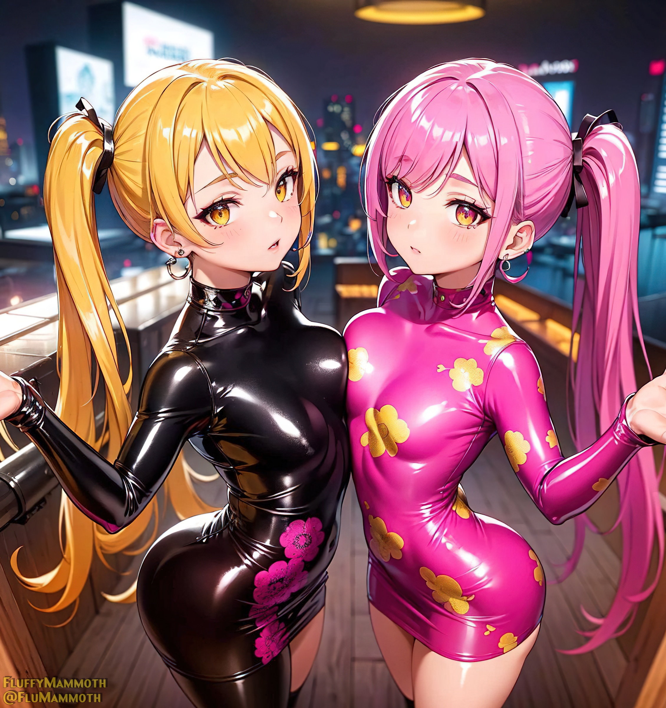 2girls, ai generated, ass, black bodysuit, blonde hair, blush, bodysuit, breast press, breasts, chinese clothes, dress, earrings, female, female only, fluffymammoth, jewelry, latex, latex bodysuit, long hair, looking at viewer, multiple females, multiple girls, petite, pink dress, pink hair, shiny, shiny clothes, side ponytail, skin tight, small breasts, twintails, yellow eyes