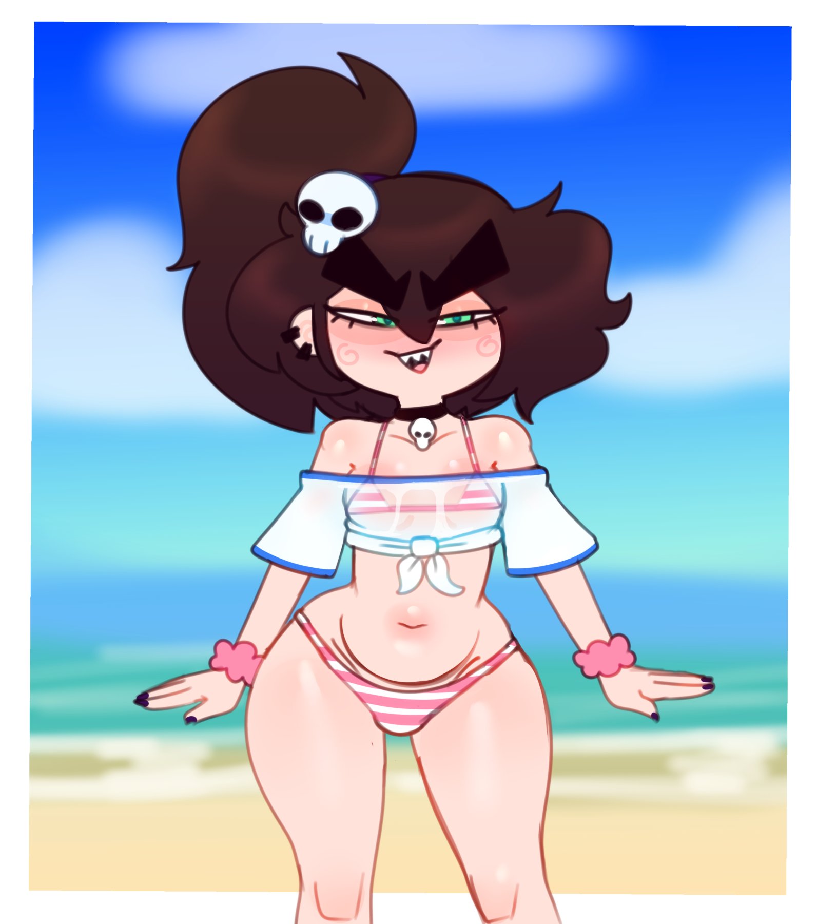 beach, bikini bottom, blush, blushing at viewer, chubby, crop top, croptop, crossdressing, ear piercing, earrings, femboy, male, malescrub (somescrub), nail polish, ocean, ponytail, scrunchie, sharp teeth, somescrub, striped panties, thighs, tummy