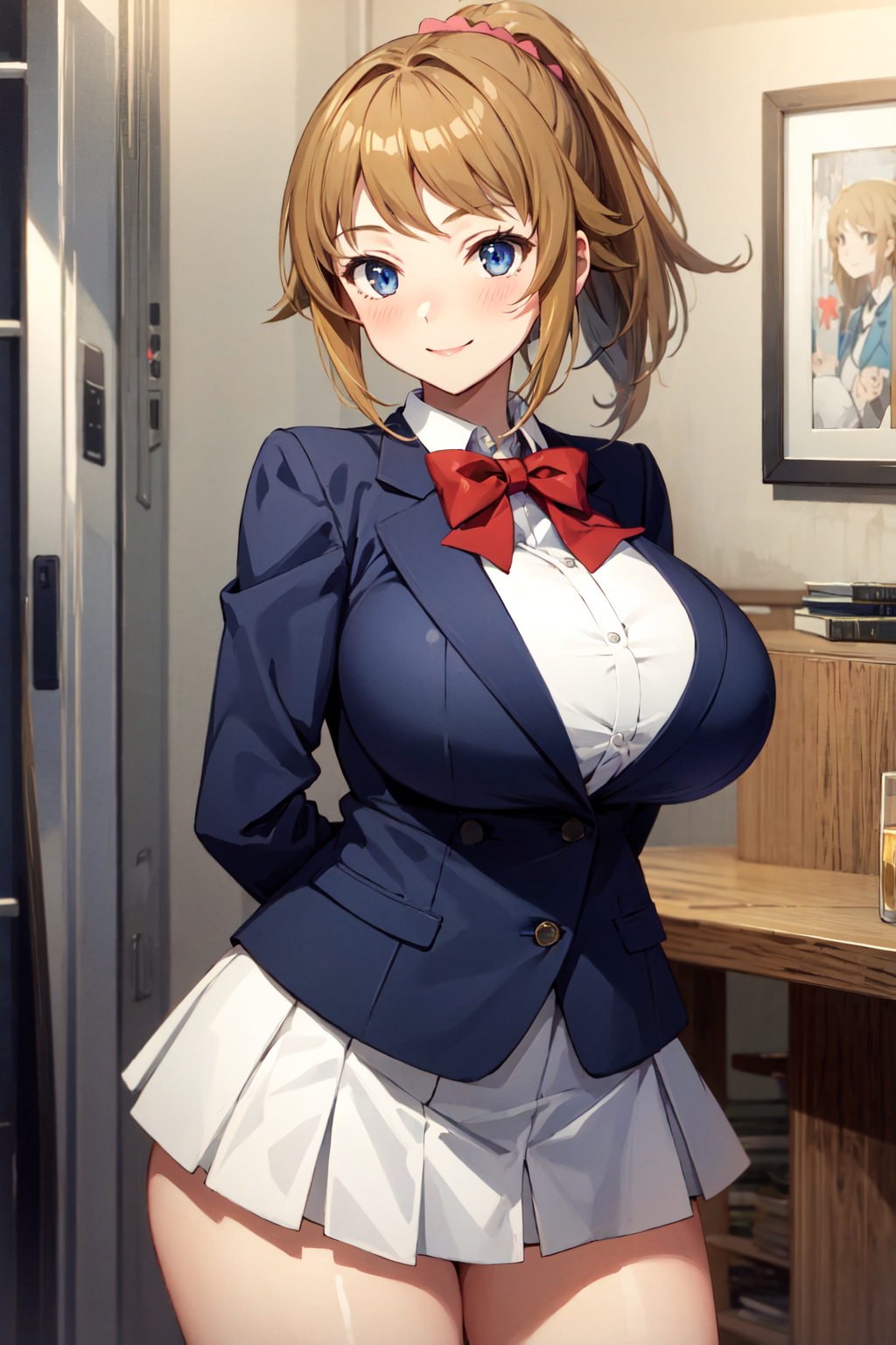 1girls ai_generated blue_eyes breasts brown_hair female gundam gundam_build_fighters gundam_build_fighters_try hoshino_fumina huge_breasts light-skinned_female light_skin long_hair looking_at_viewer ponytail school_uniform schoolgirl short_skirt skirt slim_waist smile stable_diffusion thick_thighs