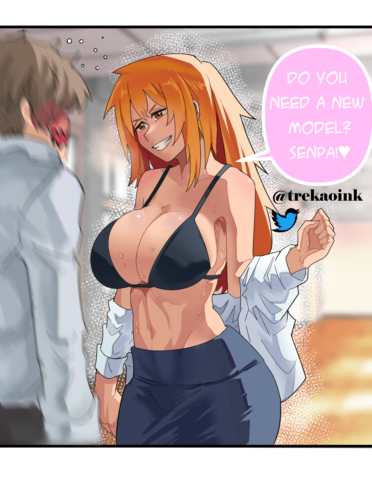 1boy, 1girls, blush, breasts, brown hair, busty, cleavage, clothed, clothing, curvy, english text, female, female focus, fit, fit female, gamo-chan, hi res, highres, hourglass figure, huge breasts, imminent sex, large breasts, long hair, male, naoto hachioji (senpai), open clothes, orange eyes, orange hair, please don't bully me, nagatoro, revealing clothes, school uniform, shirt open, short hair, simple background, slim waist, smile, sweat, teenage female, teenager, text, thick thighs, trekaoink, undressing, voluptuous, watermark, wide hips, younger female