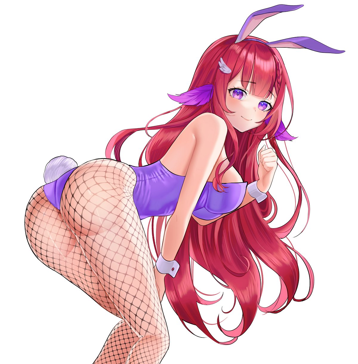 ass aurora_phoenyx fishnets long_hair playboy_bunny purple_eyes purple_outfit red_hair virtual_youtuber vtuber