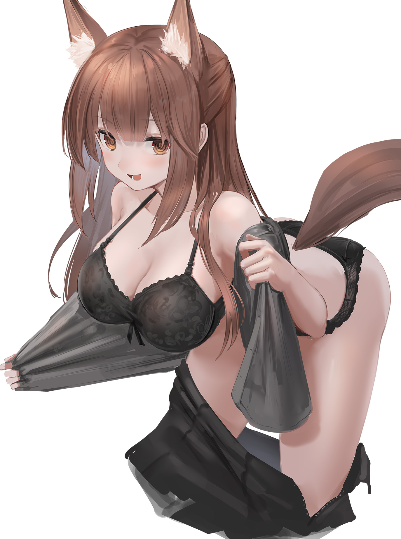 1girls, 2023, animal ears, arknights, big breasts, black underwear, bra, breasts, brown hair, clothes removed, collarbone, female, fox ears, fox girl, fox tail, franka (arknights), hi res, light skin, light-skinned female, long hair, looking at viewer, orange eyes, panties, simple background, solo, sthk, tail, underwear