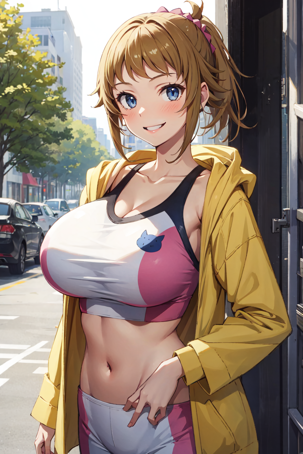 1girls ai_generated blue_eyes breasts brown_hair female gundam gundam_build_fighters gundam_build_fighters_try hoshino_fumina huge_breasts light-skinned_female light_skin long_hair looking_at_viewer ponytail slim_waist smile stable_diffusion thick_thighs