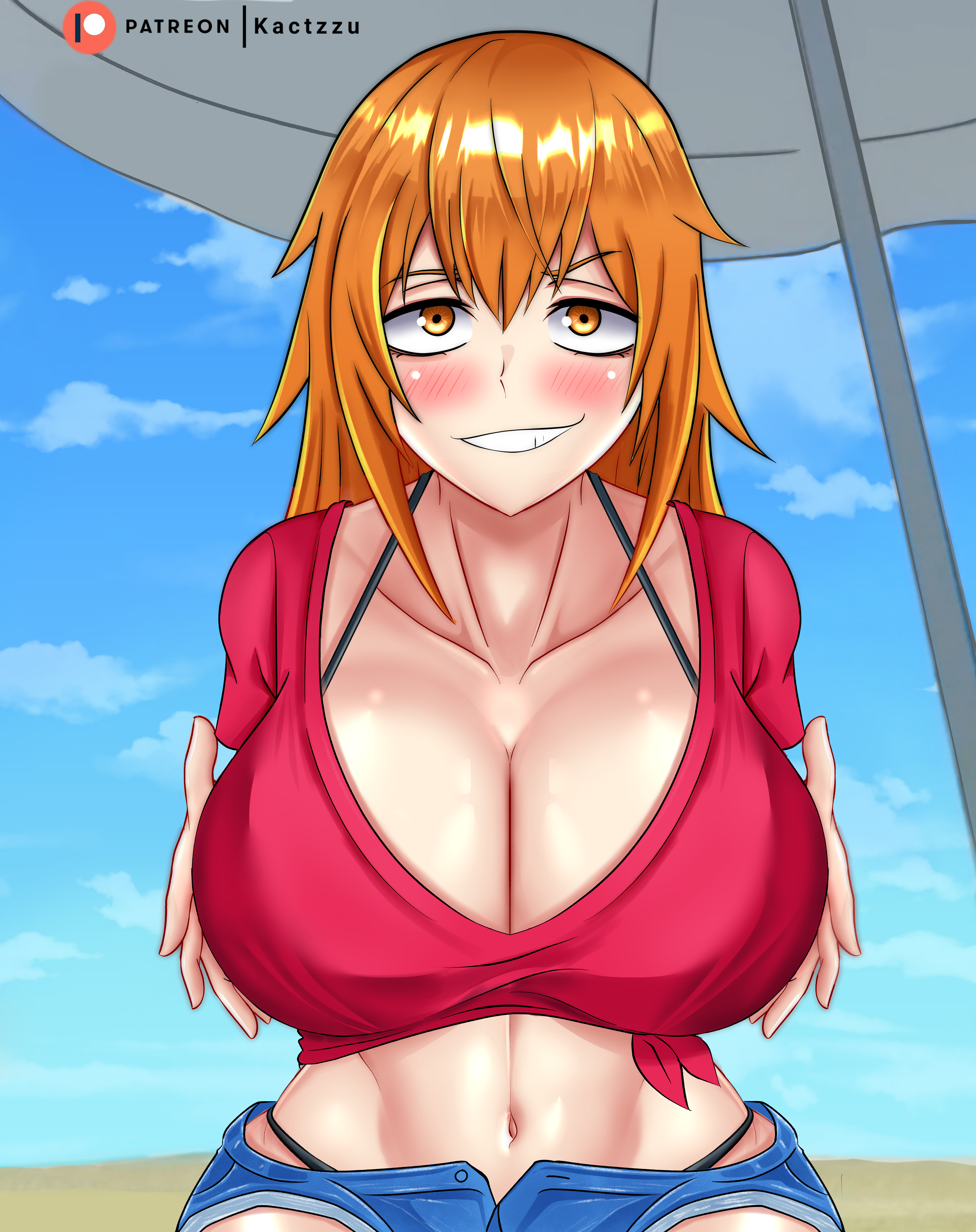beach, big breasts, bikini, blush, breasts, cleavage, clothed, clothing, curvy, female, female focus, female only, fondling, gamo-chan, hi res, kactzzu, long hair, looking at viewer, navel, orange eyes, orange hair, please don't bully me, nagatoro, revealing clothes, smile, solo, watermark, wide hips