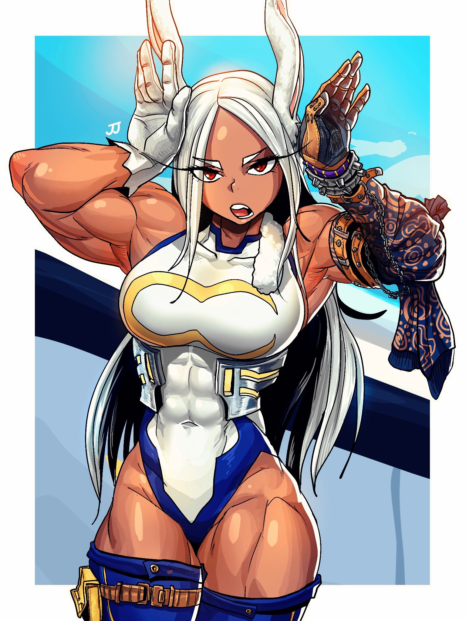 1girls, abs, abs visible through clothing, athletic, athletic female, biceps, breasts, bunny ears, dark skin, dark-skinned female, female, hero outfit (mha), medium breasts, miruko, muscular, muscular female, my hero academia, prosthetic, prosthetic arm, red eyes, rumi usagiyama, skintight clothing, sparkeyjinjin, thighhighs, thunder thighs, white gloves, white hair