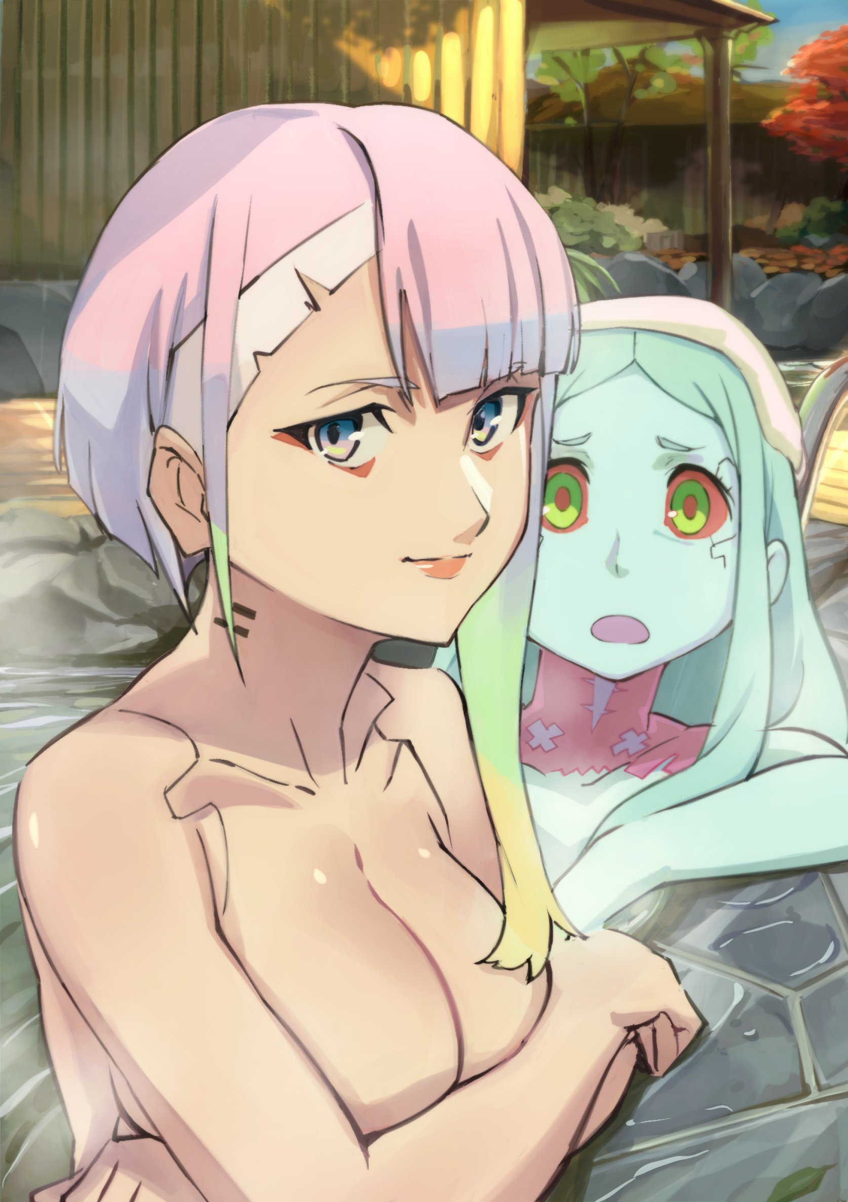 2girls, breasts, cd projekt red, cleavage, cyberpunk 2077, cyberpunk: edgerunners, female, female only, light skin, light-skinned female, lucyna kushinada, nude, onsen, pov, pov eye contact, rebecca (edgerunners), smile, smiling at viewer, spa, studio trigger, towel on head, wholesome, xx8uxpq
