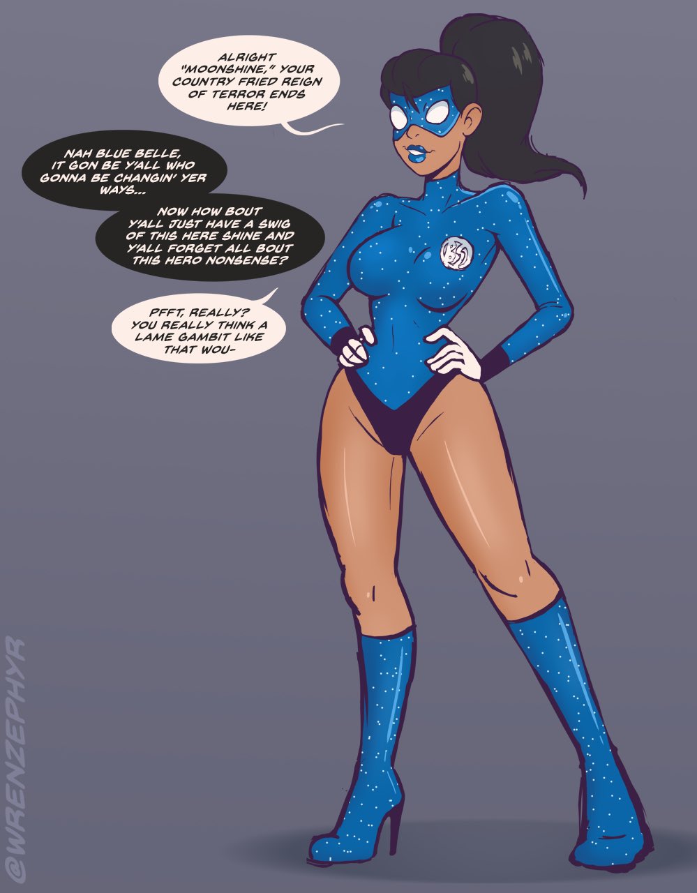 blue_leotard blue_lips blueshift_(polmanning) dark-skinned_female english_text female high_heels oc pre-transformation smile superheroine text thick_lips transformation wrenzephyr2