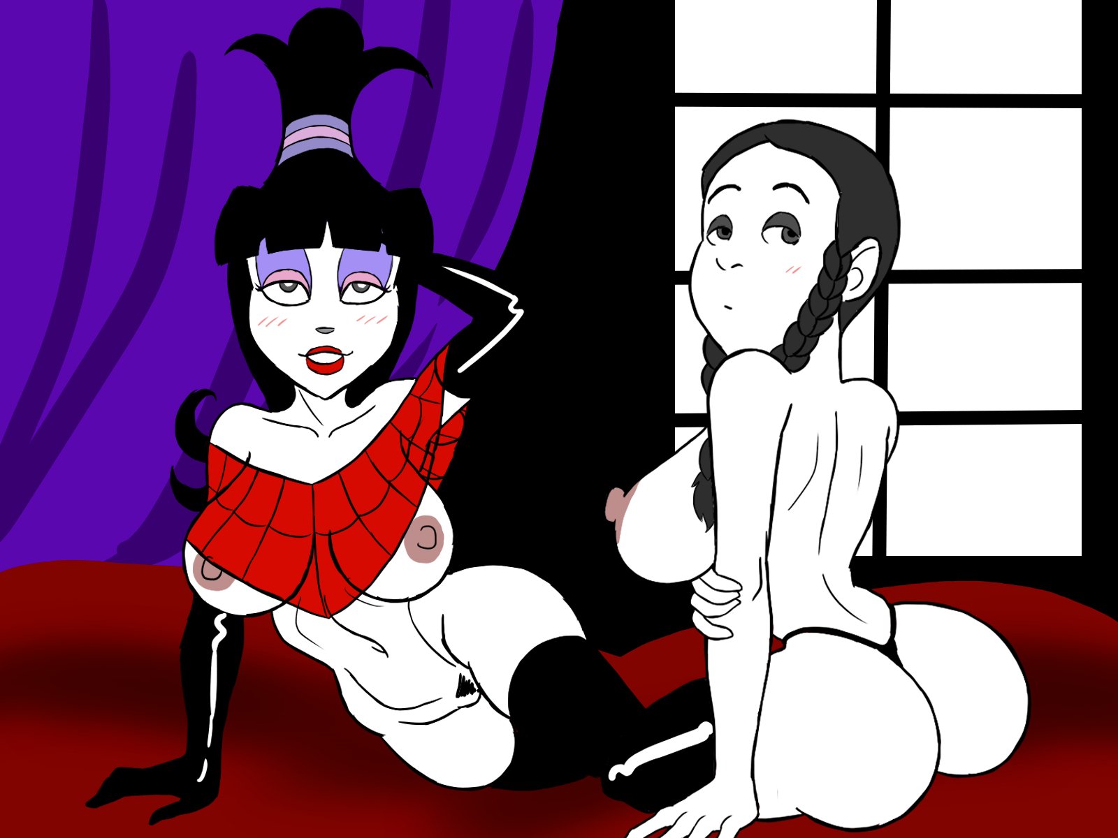 2girls, areolae, ass, athletic, athletic female, beetlejuice, big breasts, black hair, bottomless, breasts, bubble ass, bubble butt, busty, crop top, crossover, elbow gloves, eyeshadow, fairfaxer, female, female focus, female only, front view, g-string, goth, goth girl, hourglass figure, large breasts, light skin, light-skinned female, lipstick, long hair, lydia deetz, makeup, multiple females, multiple girls, navel, nipples, pale skin, pale-skinned female, pinup, pinup pose, pose, posing, pubes, pubic hair, rear view, spider web poncho dress, tagme, the addams family, thigh boots, thighhighs, tied hair, topless, twintails, wednesday addams, wide hips