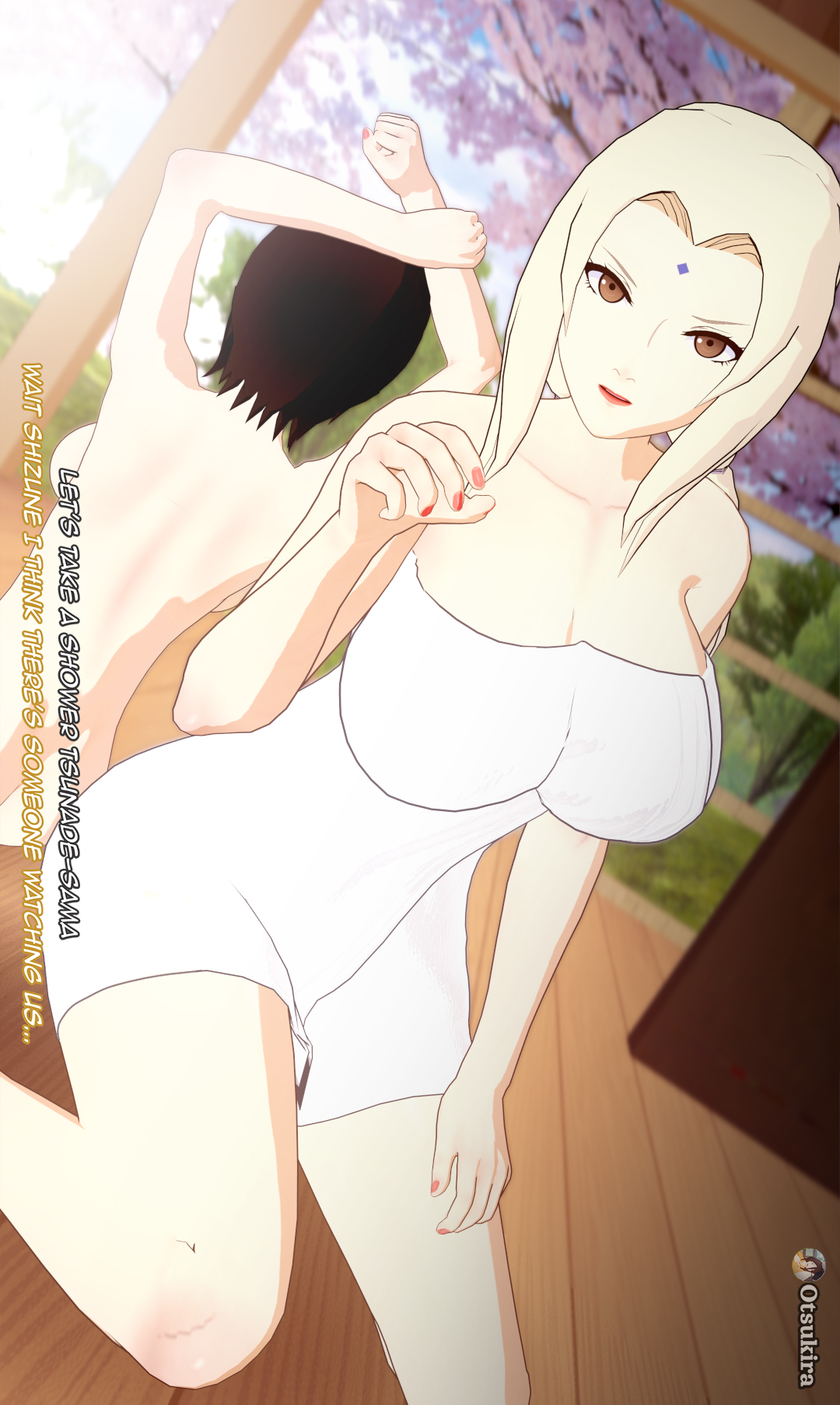 2girls, age difference, backboob, barely clothed, bathhouse, big breasts, breasts, cleavage, dialogue, faceless female, facing away, facing viewer, female, female only, female/female, hot spring, huge breasts, koikatsu, looking at viewer, milf, multiple females, multiple girls, naked, naked towel, naruto, naruto (series), naruto shippuden, older female, onsen, otsukira, shizune, sitting, talking, talking to partner, teacher and student, text, towel, towel only, tsunade, younger female