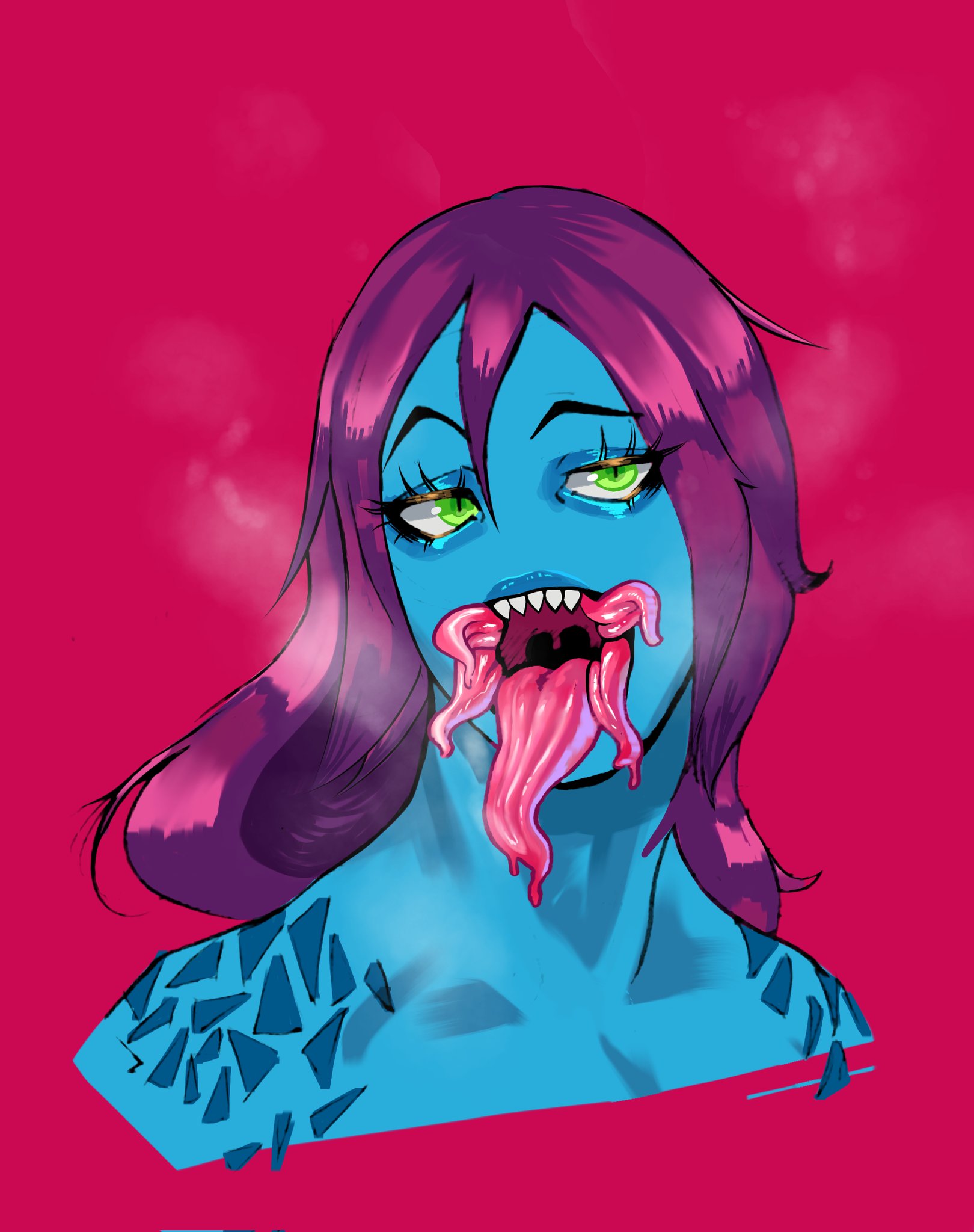 blue skin, cinkoji, female, green eyes, long tongue, monster, monster girl, multi tongue, oc, open mouth, original, original character, purple hair, saliva, sharp teeth, solo, solo female, tongue, tongue out