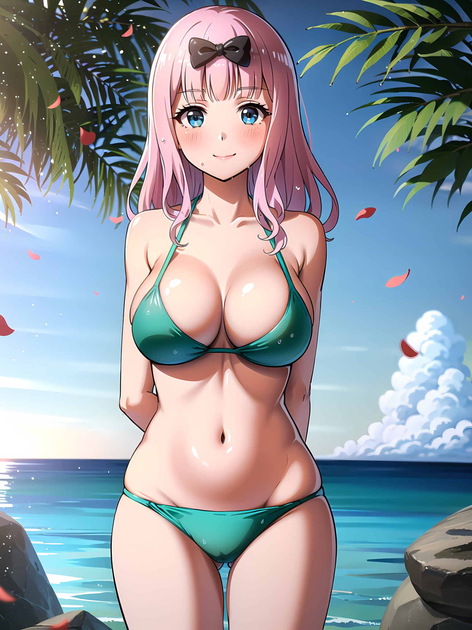 1girls, ai generated, beach, big breasts, bikini, blue eyes, breasts, busty, cleavage, female, female only, fujiwara chika, green bikini, kaguya-sama wa kokurasetai ~tensai-tachi no renai zunousen~, large breasts, legs, looking at viewer, navel, ocean, pink hair, smile, solo, thighs, voluptuous, water
