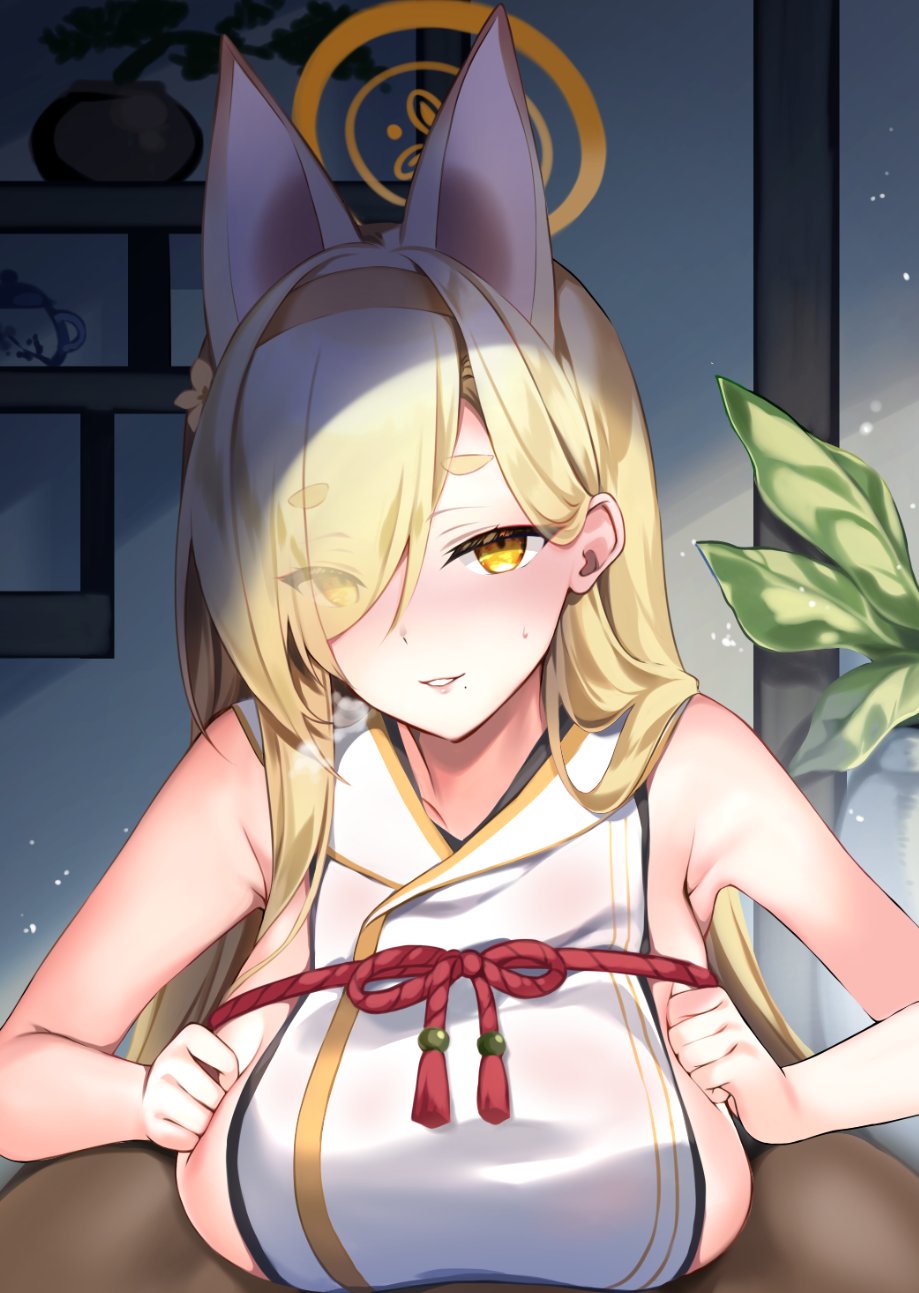 1boy allied_hyakkiyako_academy_student animal_ears asymmetrical_bangs bare_shoulders blonde_hair blue_archive blush breasts breasts_squeezed_together engulfing_paizuri extra_ears eyeliner female fox_ears fox_girl fox_humanoid hair_over_one_eye hairband halo highres japanese_clothes kaho_(blue_archive) kimono kitsune kitsunemimi large_breasts long_hair looking_at_viewer low-tied_long_hair makeup paizuri paizuri_lead_by_female paizuri_under_clothes parted_lips red_rope rei_(rei's_room) rope short_eyebrows sideboob sleeveless sleeveless_kimono smile solo_focus straight thick_eyebrows very_long_hair white_kimono yellow_eyes yin-yang_club_(blue_archive)