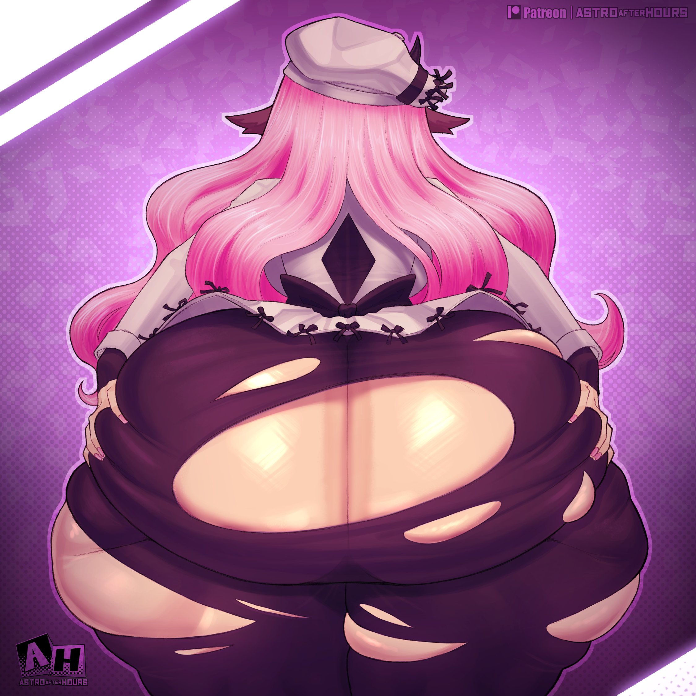1girls, armis (armisxd), ass, ass grab, balls, big ass, bubble ass, bubble butt, clothing, commission, fat ass, female, female only, grabbing own ass, hat, hyper, hyper ass, ignantastro, large ass, light skin, light-skinned female, male, massive ass, no panties, pale skin, pale-skinned female, pantyhose, pink hair, rear view, solo, thick ass, thick thighs, thunder thighs, torn pantyhose, wide hips