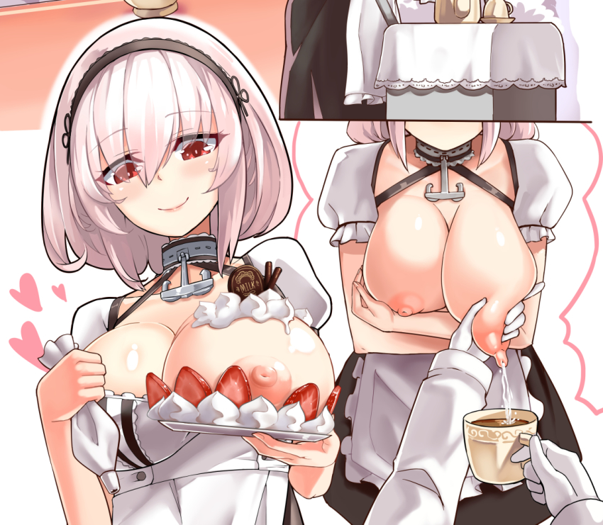 1boy 1girls anchor apron azur_lane big_breasts blush breast_hold breast_rest breasts breasts_on_tray breasts_out carried_breast_rest carrying chocolate choker cleavage closed_mouth collarbone commander_(azur_lane) crossed_arms cup food food_on_body food_on_breasts fruit gloves grabbing grabbing_another's_breast hair_between_eyes hairband heart hetero hm_(hmongt) iced_latte_with_breast_milk lactating lactation large_breasts maid maid_apron military military_uniform milking milking_breasts nipples one_breast_out plate short_hair sirius_(azur_lane) solo_focus straight strawberry tea uniform whipped_cream white_hair