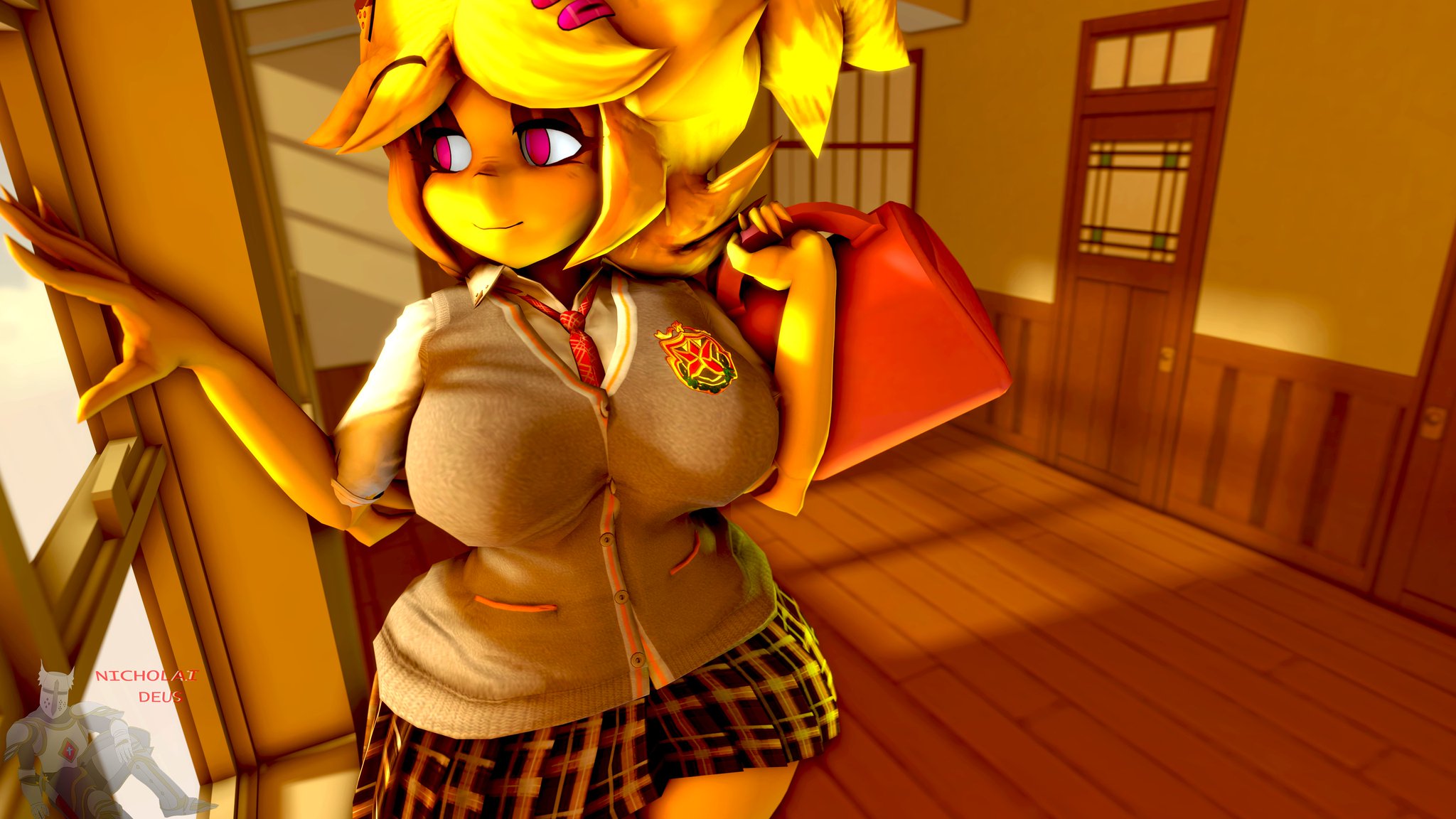 1girls, 3d, 3d (artwork), alternate version available, anthro, big breasts, breasts, cally3d, chica (cally3d), chica (fnaf), chiku, chiku (cryptia), clazzey, cryptiacurves, fazclaire's nightclub, female, female only, five nights at freddy's, fnaf, fredina's nightclub, furry, hi res, nicholaideus, pink eyes, school uniform, scottgames, smile, smooth skin, thick thighs, wide hips, yellow fur