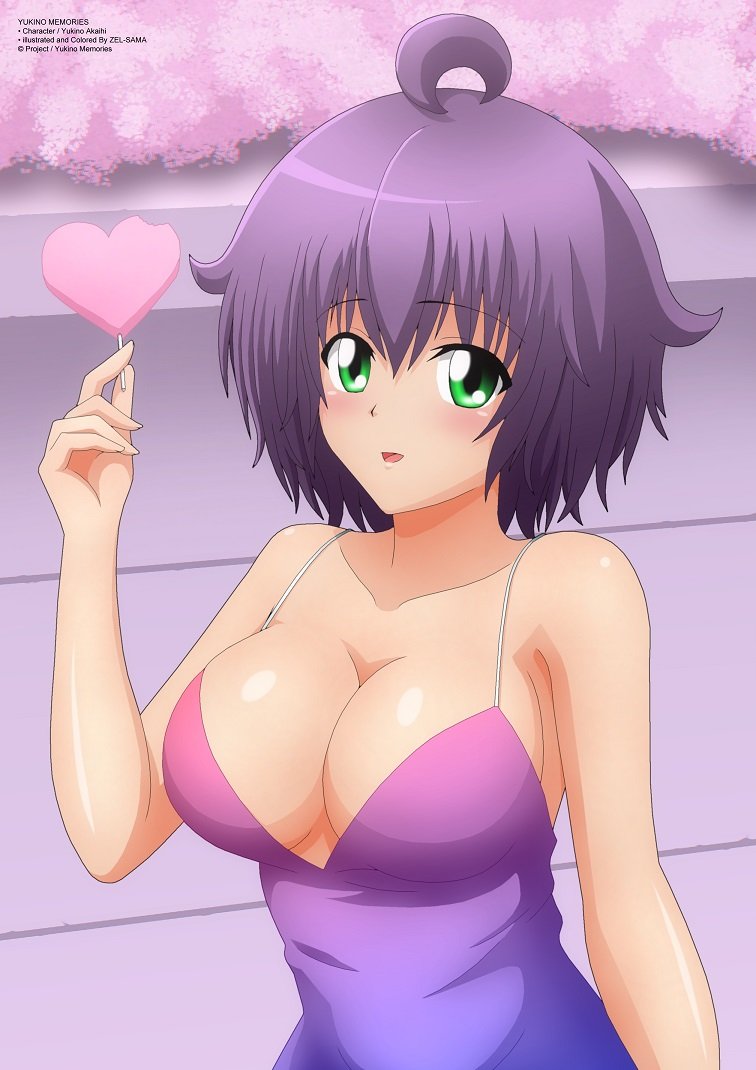 1girls big_breasts busty cleavage female female_only green_eyes large_breasts looking_at_viewer original purple_hair short_hair sleeveless smile solo voluptuous yukino_akaihi yukino_memories zel-sama