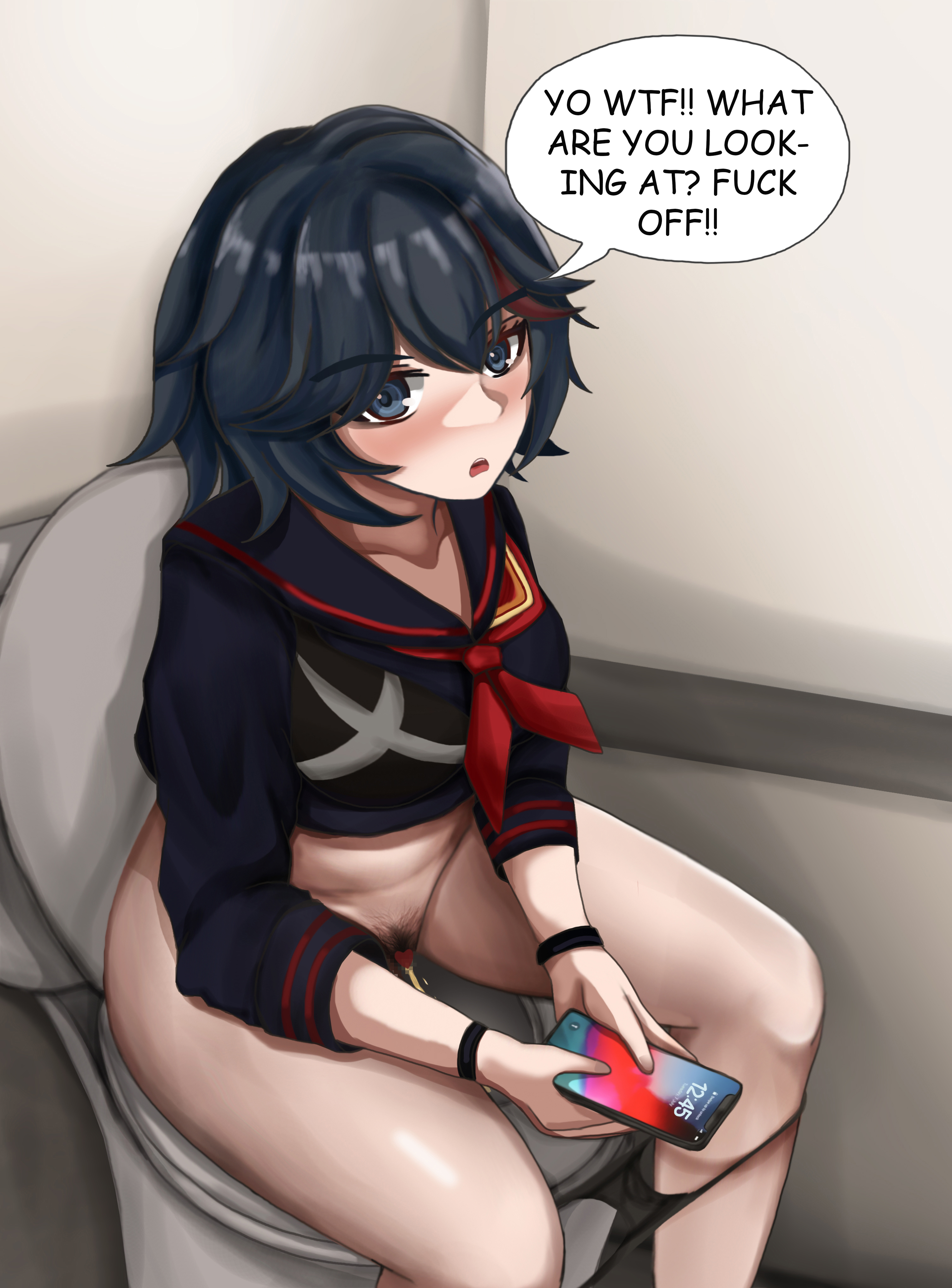 1girls, 2d, angry, belly, black panties, blue eyes, blue hair, bottomless, censored, censored pussy, digital media, female, female only, hamilton vgf, kill la kill, looking at viewer, matoi ryuuko, panty pull, partially clothed, peeing, phone, pubic hair, pussy, senketsu, solo, thick thighs, toilet, toilet pee, toilet use, tomboy, urine