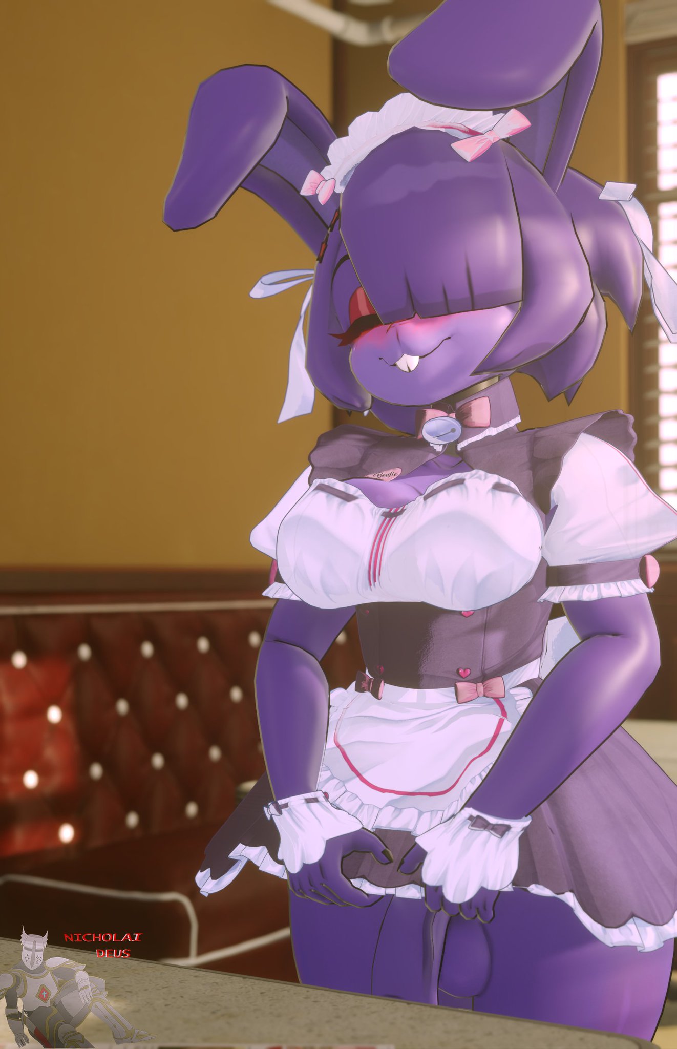 1futa, 3d, 3d (artwork), alternate version available, anthro, balls, blush, bonfie, bonfie (cryptia), bonnie (cally3d), bonnie (fnaf), cally3d, clazzey, closed eyes, cryptiacurves, fazclaire's nightclub, five nights at freddy's, flaccid, flaccid penis, fnaf, fredina's nightclub, furry, futa only, futanari, intersex, nicholaideus, one eye obstructed, penis, purple fur, scottgames, solo, thick thighs, waitress