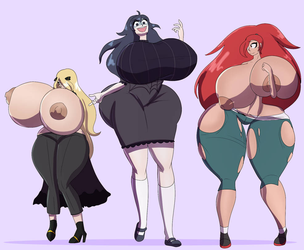 3girls ass ass_expansion breast_expansion breasts cleavage clothing cynthia_(pokemon) female female_only flannery_(pokemon) gigajule5 hex_maniac huge_ass huge_breasts human human_only multiple_girls nintendo pokémon pokemon pokemon_xy sequence solo solo_female thick_thighs wide_hips