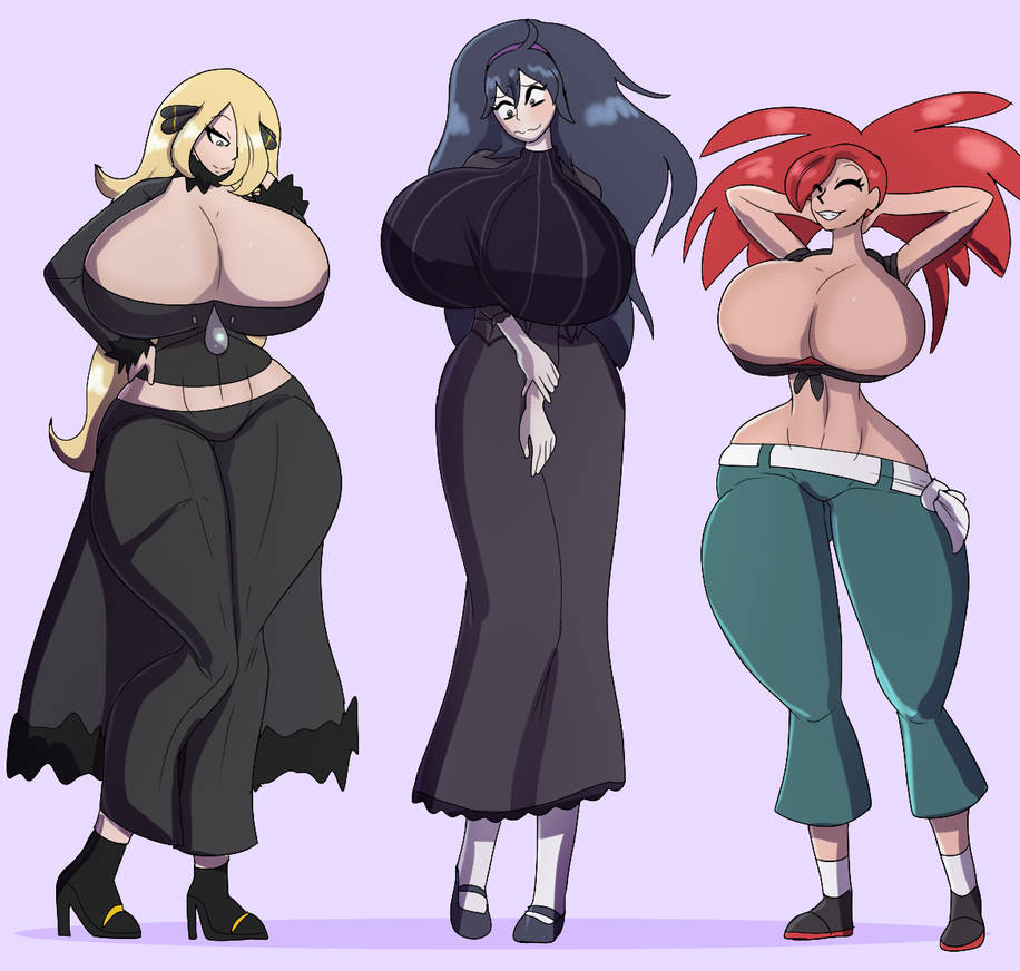 3girls ass ass_expansion breast_expansion breasts cleavage clothing cynthia_(pokemon) female female_only flannery_(pokemon) gigajule5 hex_maniac huge_ass huge_breasts human human_only nintendo pokémon pokemon pokemon_xy sequence solo solo_female thick_thighs wide_hips