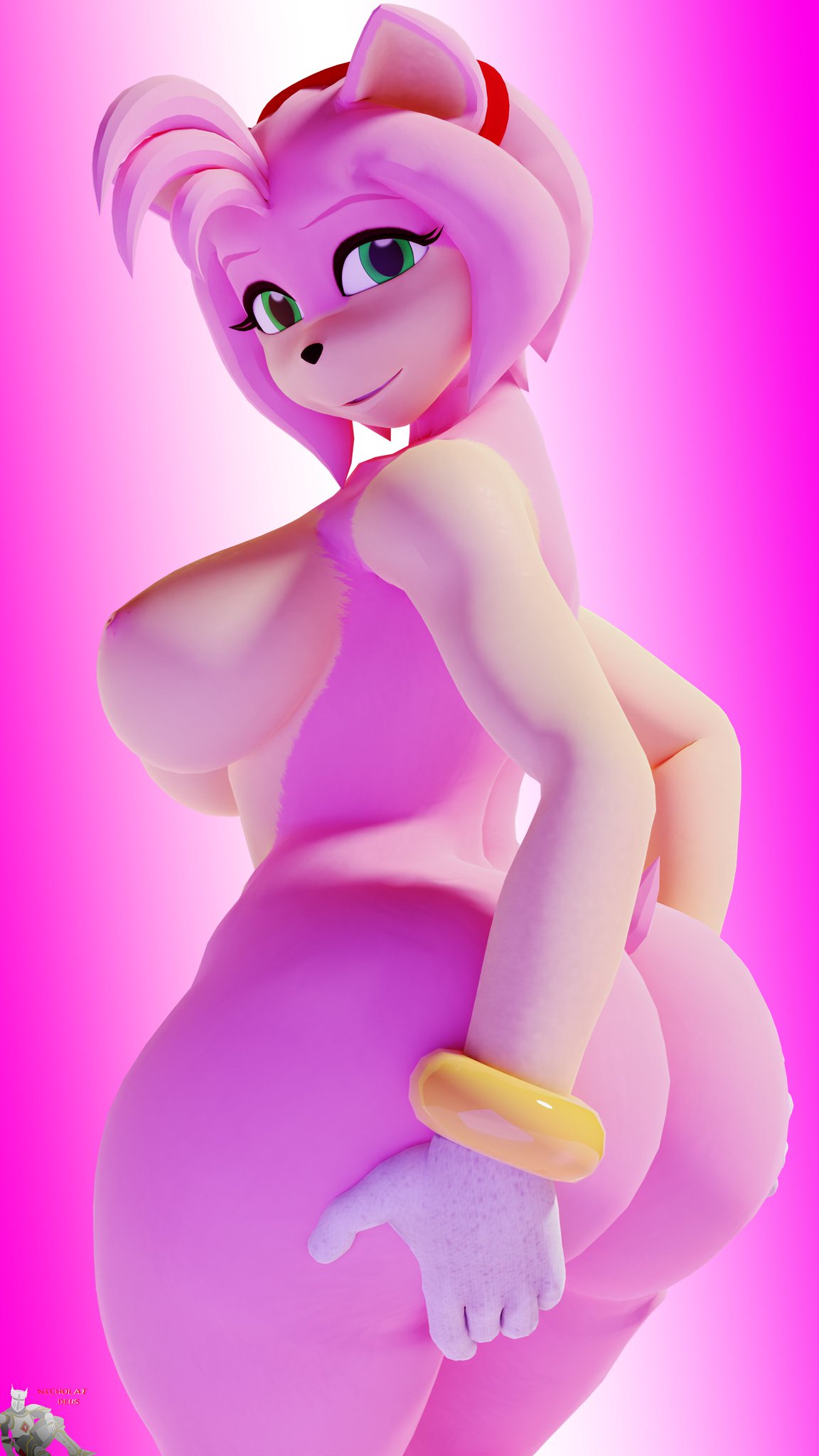 1girls, 3d, 3d (artwork), amy rose, amy rose (warfaremchine), anthro, ass, big ass, big breasts, breasts, curvy, female, female only, furry, green eyes, huge ass, looking at viewer, nicholaideus, nipples, pink background, pink fur, sega, simple background, sonic (series), sonic the hedgehog (series), thick thighs, voluptuous, wide hips
