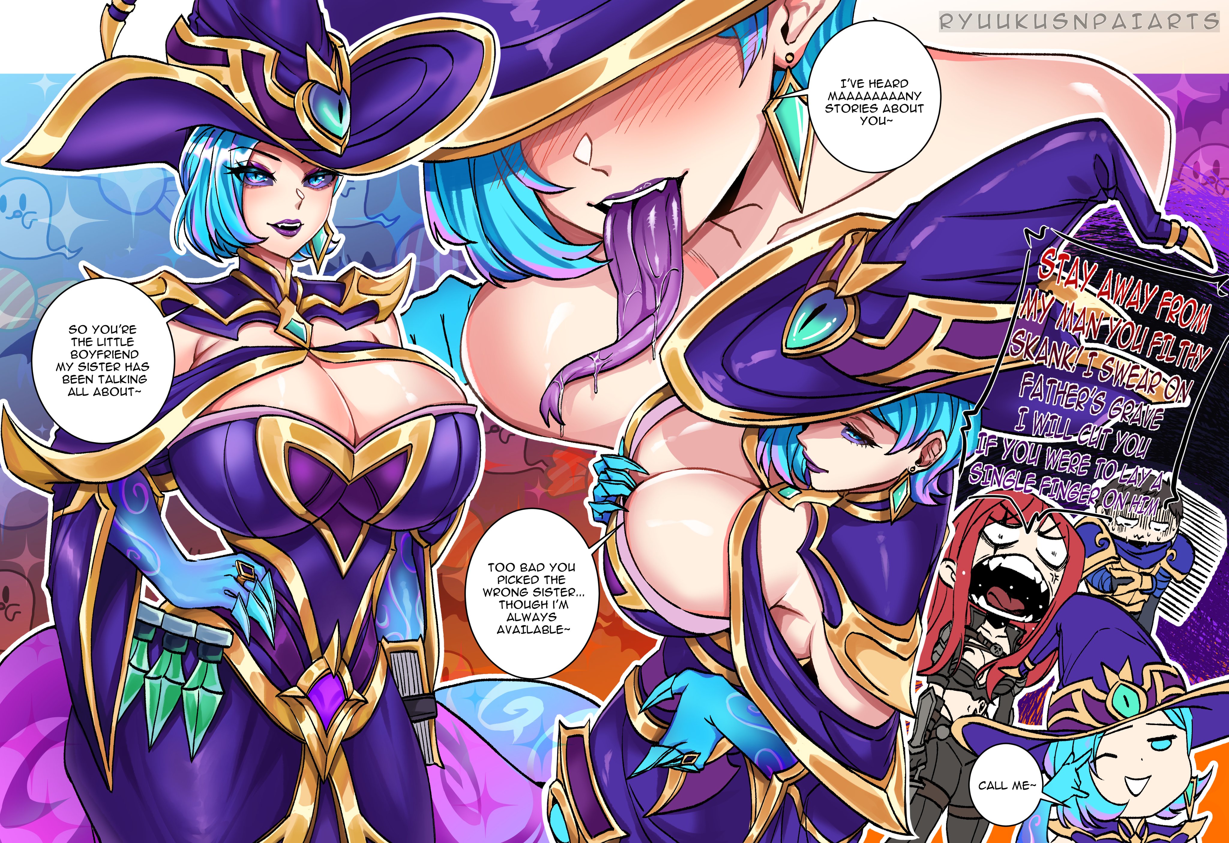 bewitching cassiopeia, big breasts, breasts, cassiopeia du couteau, curvaceous, curvy, dialogue, female, garen crownguard, jealous, katarina du couteau, large breasts, league of legends, riot games, ryuukusnpaiarts, siblings, sisters, thick hips, thick thighs, voluptuous
