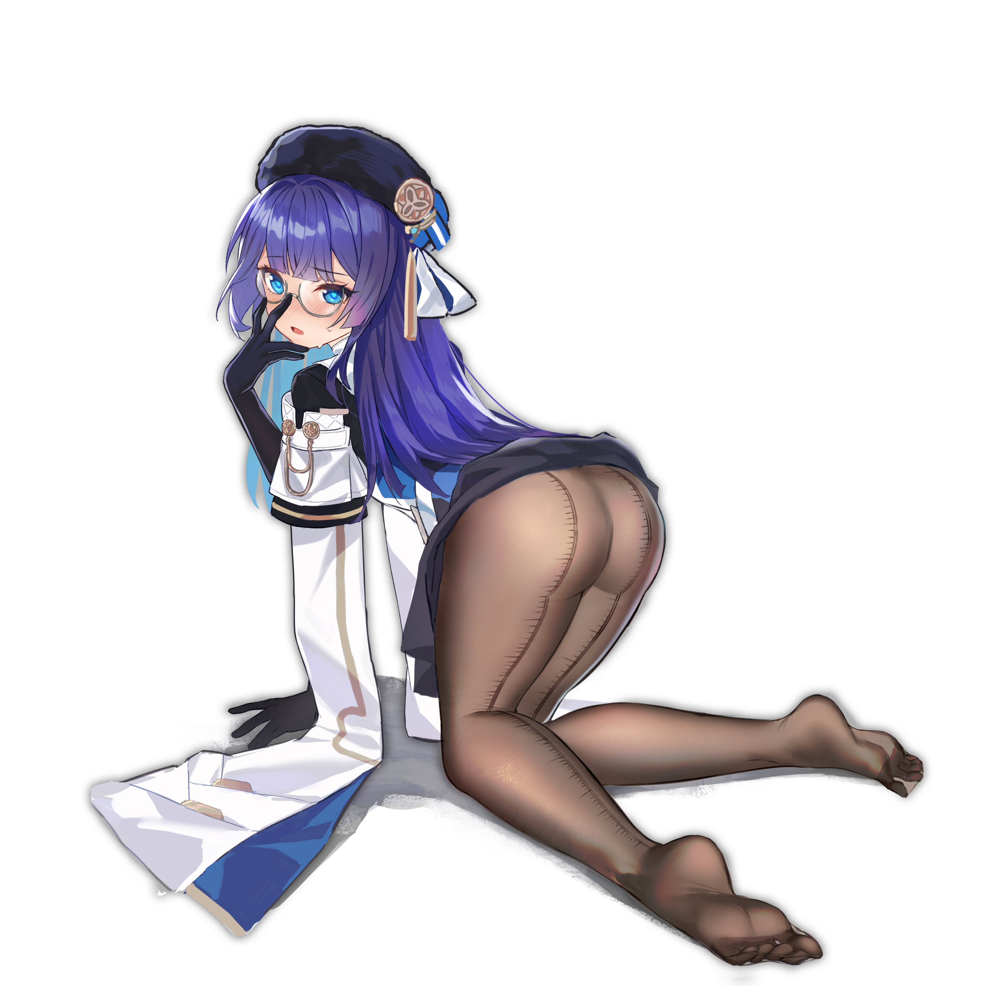 absurdres, adjusting eyewear, ass, blue eyes, blue hair, blush, clothes lift, dark blue hair, feet, female, glasses, hat, highres, honkai (series), honkai: star rail, long hair, looking at viewer, pantyhose, parted lips, pela (honkai: star rail), qingli green, round glasses, skirt, skirt lift, soles, toes