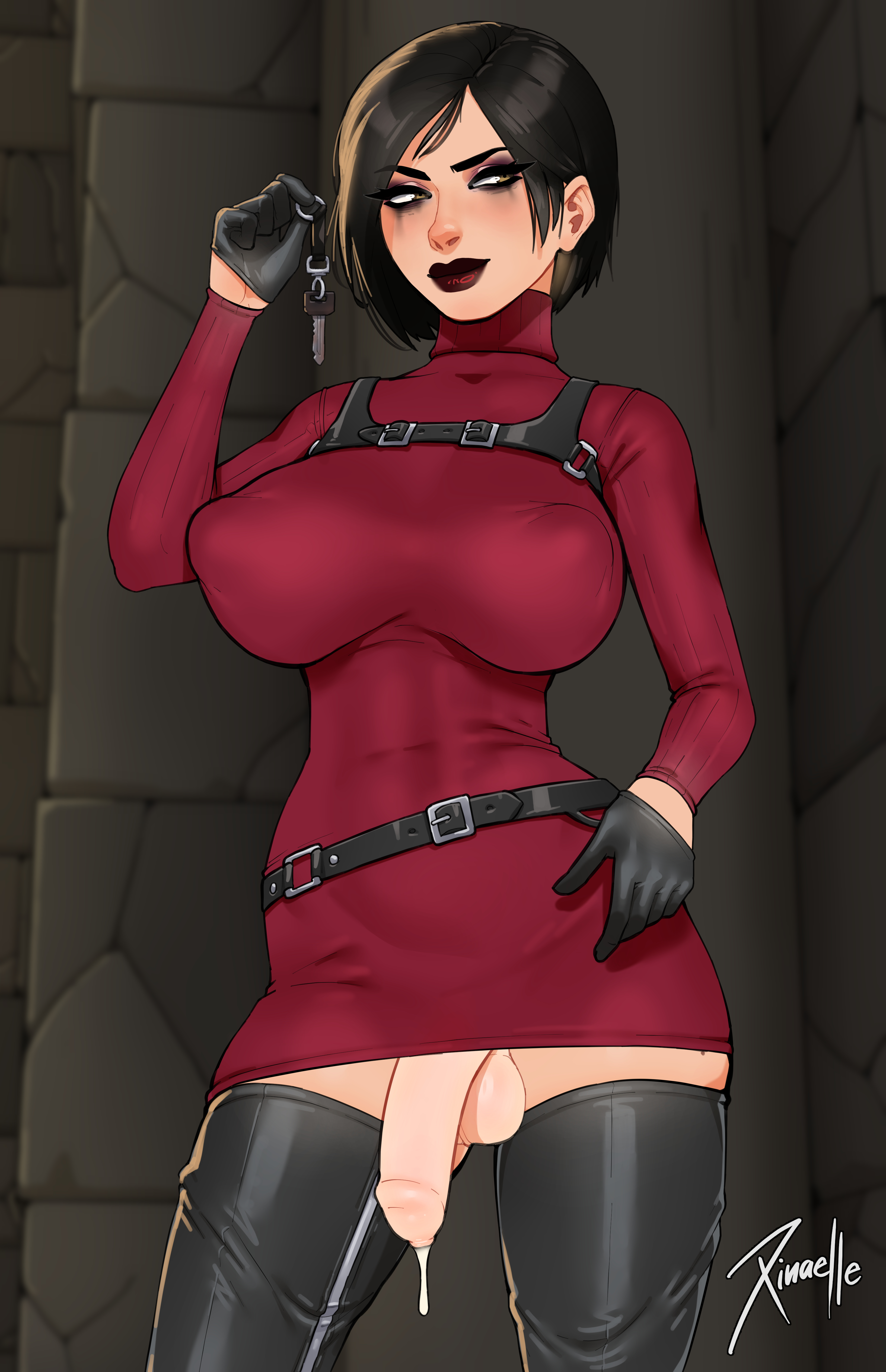 ada wong, asian, asian futa, chinese, cum drip, foreskin, futa only, futanari, gloves, intersex, key, penis, red dress, resident evil, tagme, uncircumcised, uncut, xinaelle