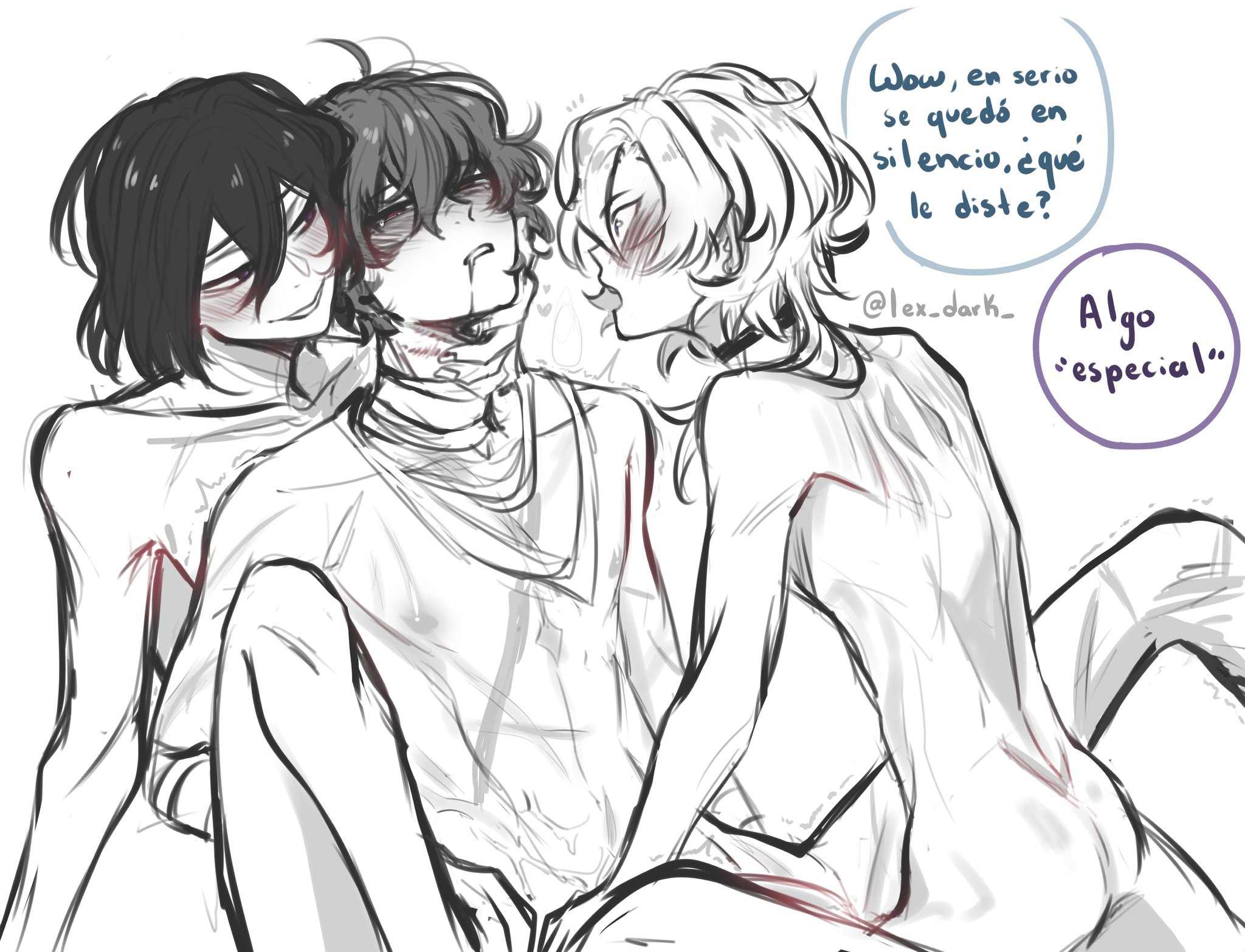 3boys, bandage, bungo stray dogs, bungou stray dogs, choker, chuuya nakahara, dazai osamu, drool, drooling, drugged, drugs, fyodor dostoevsky, gay, gay sex, lex dark, male, male only, male penetrated, male penetrating, male/male/male, multiple boys, multiple males, shaking, skinny, slim, smirk, spanish text, submissive male, threesome, trembling, yaoi
