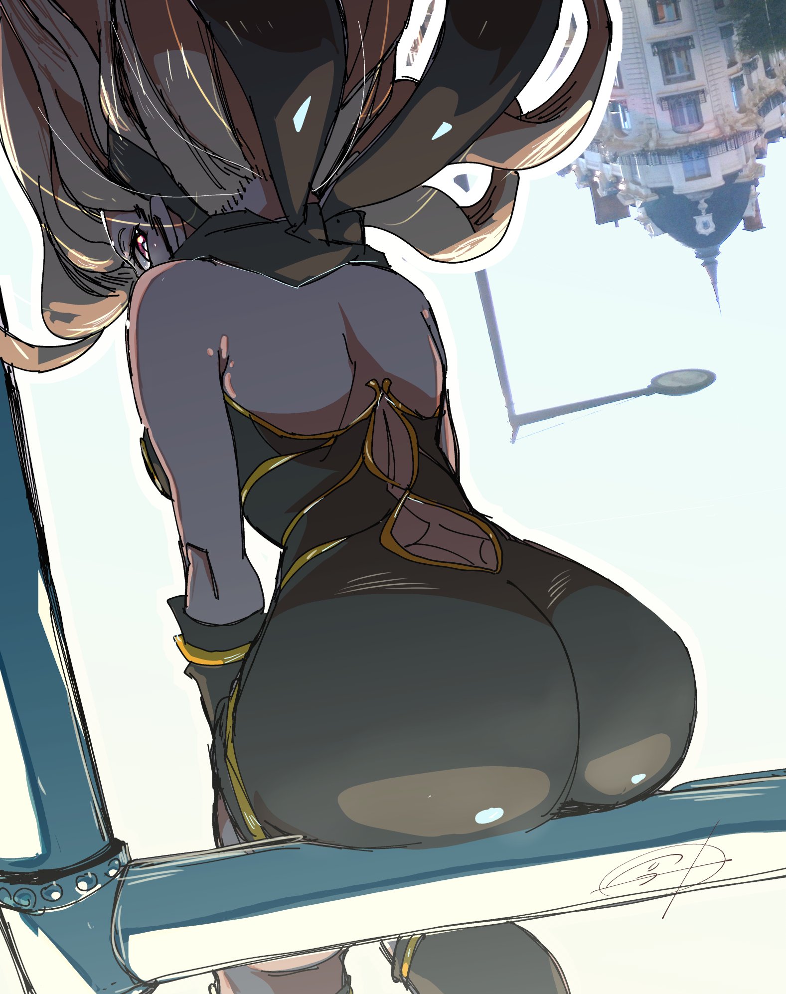 1girls, ass, back, big ass, big butt, blonde hair, clothing, curvy, dark skin, dark-skinned female, female, gravity rush, kat (gravity rush), looking at viewer, looking back, pungter, red eyes, scarf, sitting, sky, solo, solo female, solo focus, street lamp, upside-down, voluptuous, wide hips
