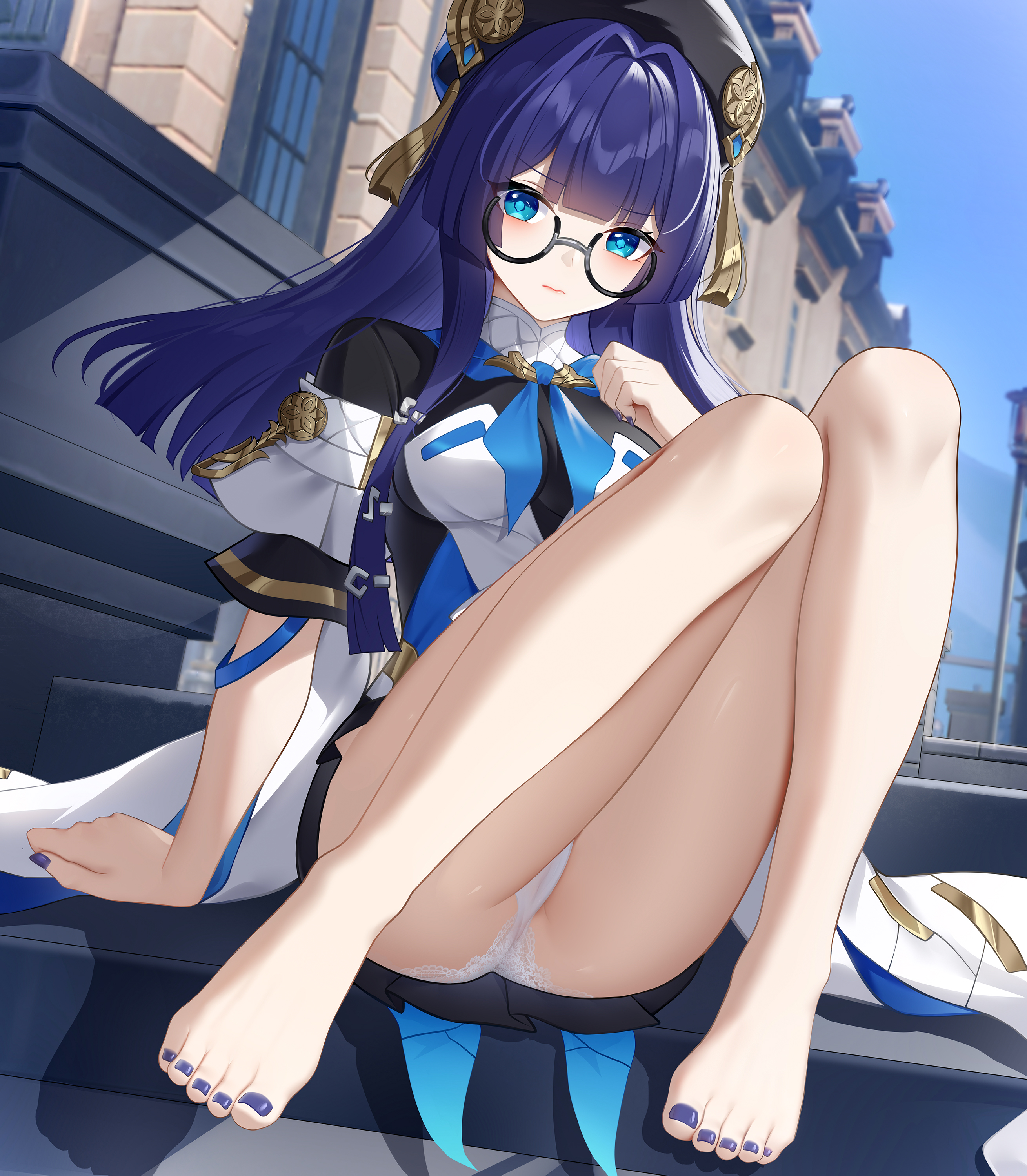 absurdres, barefoot, blue eyes, blue hair, dark blue hair, feet, female, foot fetish, glasses, highres, honkai (series), honkai: star rail, light blush, long hair, looking at viewer, panties, pantyshot, parted lips, pela (honkai: star rail), pussy, pussy visible through clothes, pussy visible through panties, toes, underwear, wet pussy, wu ganlan cai